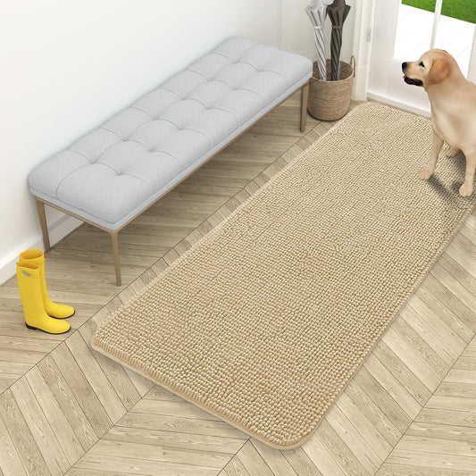 OLANLY Dog Door Mat for Muddy Paws 54x24, Absorbs Moisture and Dirt, Absorbent Non-Slip Washable Doormat, Quick Dry Chenille Mud Mat for Dogs, Entry Indoor Entryway Carpet for Inside Floor, Beige