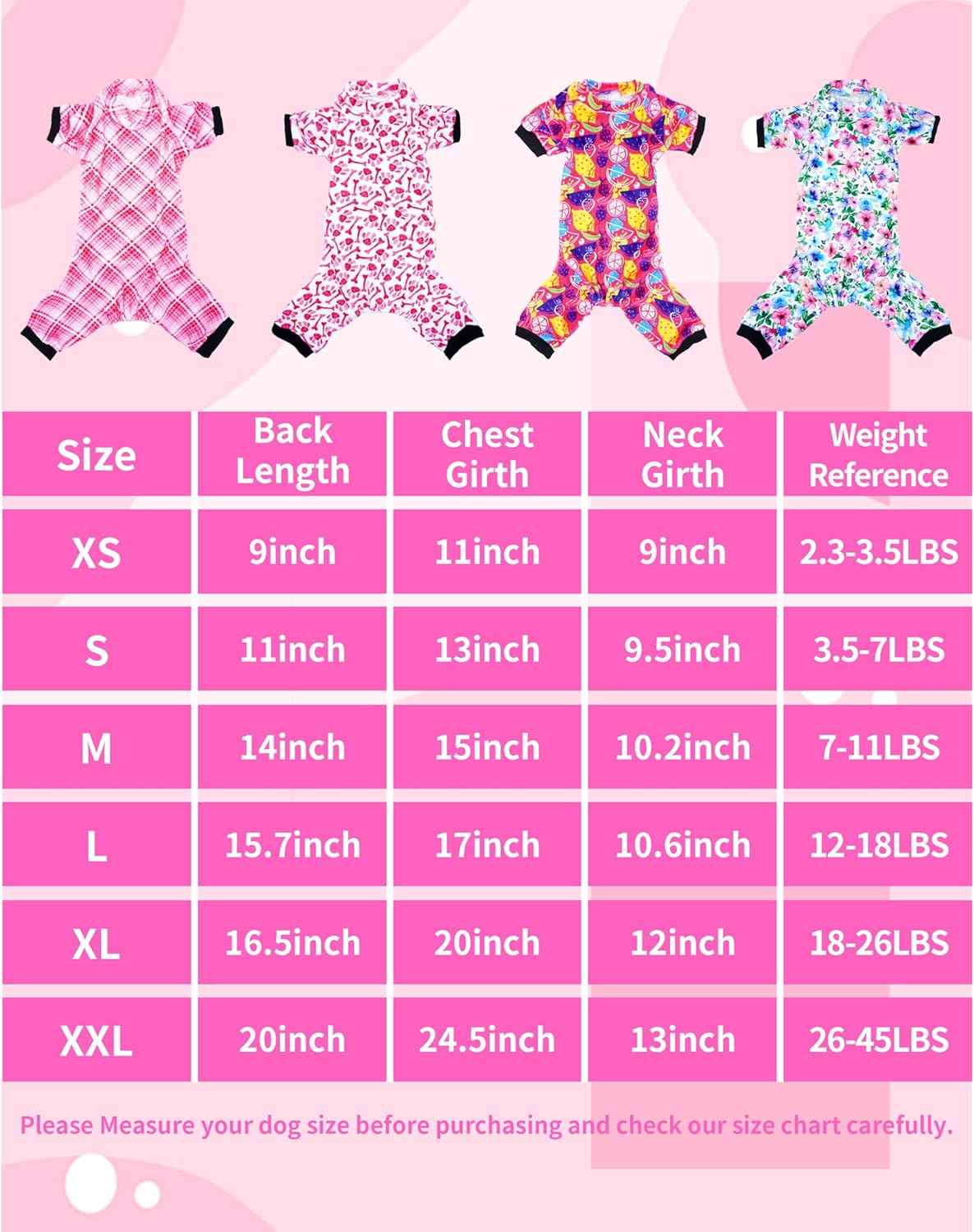 PET SHOW 4 Pack Small Dog Pajamas Cute Paw Bone Clothes Doggies Soft Stretchy PJs Plaid Jumpsuit Puppy Cats Floral Fruits Onesies Outfits with Sleeve Pets Dachshund Costume(XS, Pink for Girls)