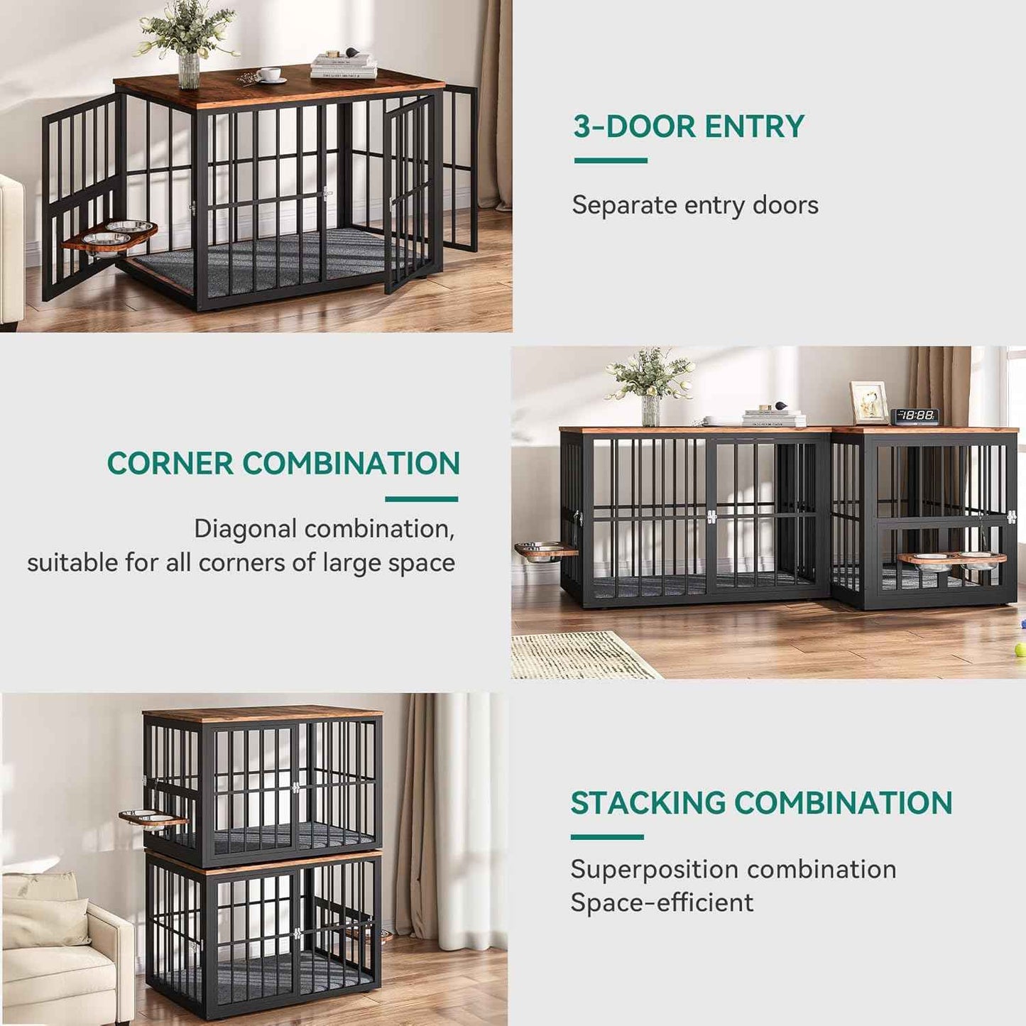 88.6" Large Dog Crate Furniture, Wooden Dog Kennel with Bowls & 3 Doors, Double Crate Furniture TV Stand for Medium Large Dogs, Brown