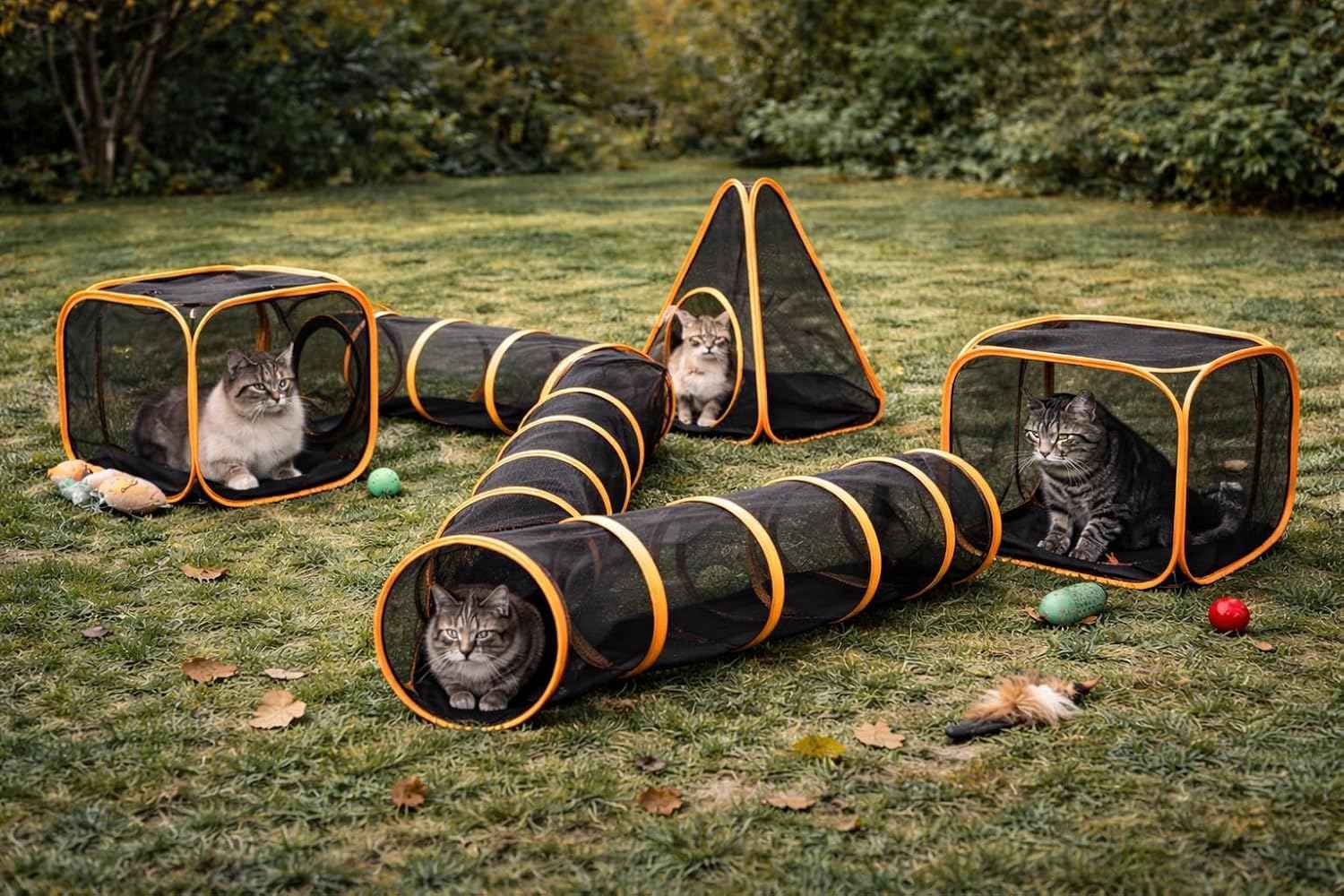 Outdoor Cat Tunnel Playset with Pop-Up Cubes & Tent – Portable Mesh Cat Playpen for Yard, Secure Enclosed Tunnel System for Cats, Kittens, Rabbits & Small Pets