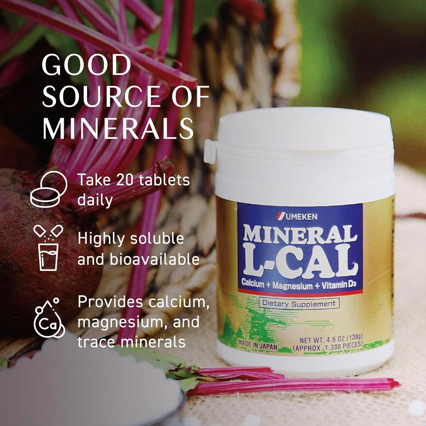 Mineral L-Cal Calcium with Vitamin D3, 4 Month Supply, Water Soluble Ball Format with Magnesium & Minerals, Fast Absorbing Calcium Magnesium D3 Supplement, 1,300 Balls per Bottle, 130g Each, Pack of 2