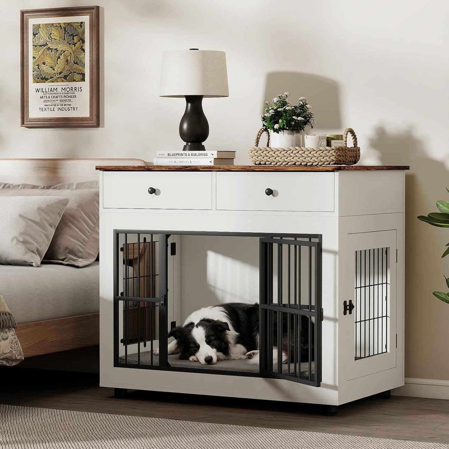 Farmhouse Dog Crate Furniture- 40 inch Dog Kennel with Drawers-Heavy Duty End Table Wooden Pet Crate, Decorative Dog House Indoor for Small Medium Large Dog, White