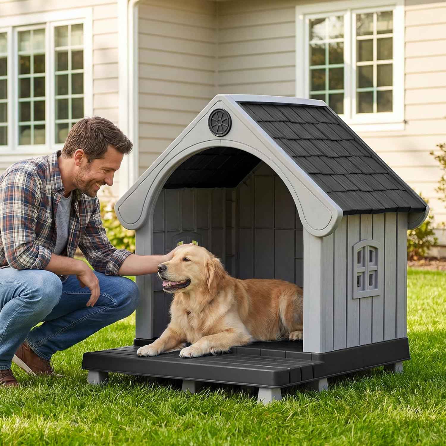 Dog House Outdoor Indoor Waterproof, Plastic Large Dog House with Elevated Floor and Air Vents, Sturdy Puppy Shelter for Large Medium Dog, Easy to Assemble, (Black 38×37×33 Inches)
