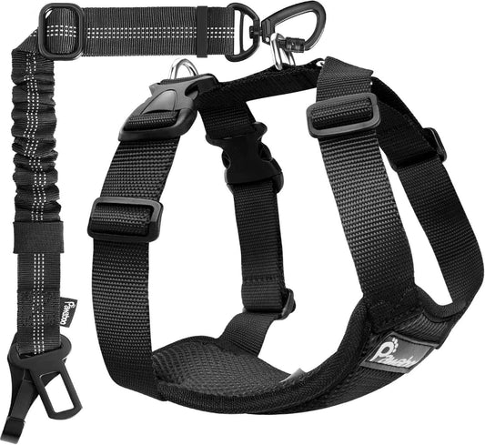 Pawaboo Dog Seat Belt Harness for Car, Dog Car Harness Seatbelt with Double Clips, Adjustable Breathable Pet Vest & Dogs Safety Tether with Elastic Bungee for Small Medium Large Pet, L, Black