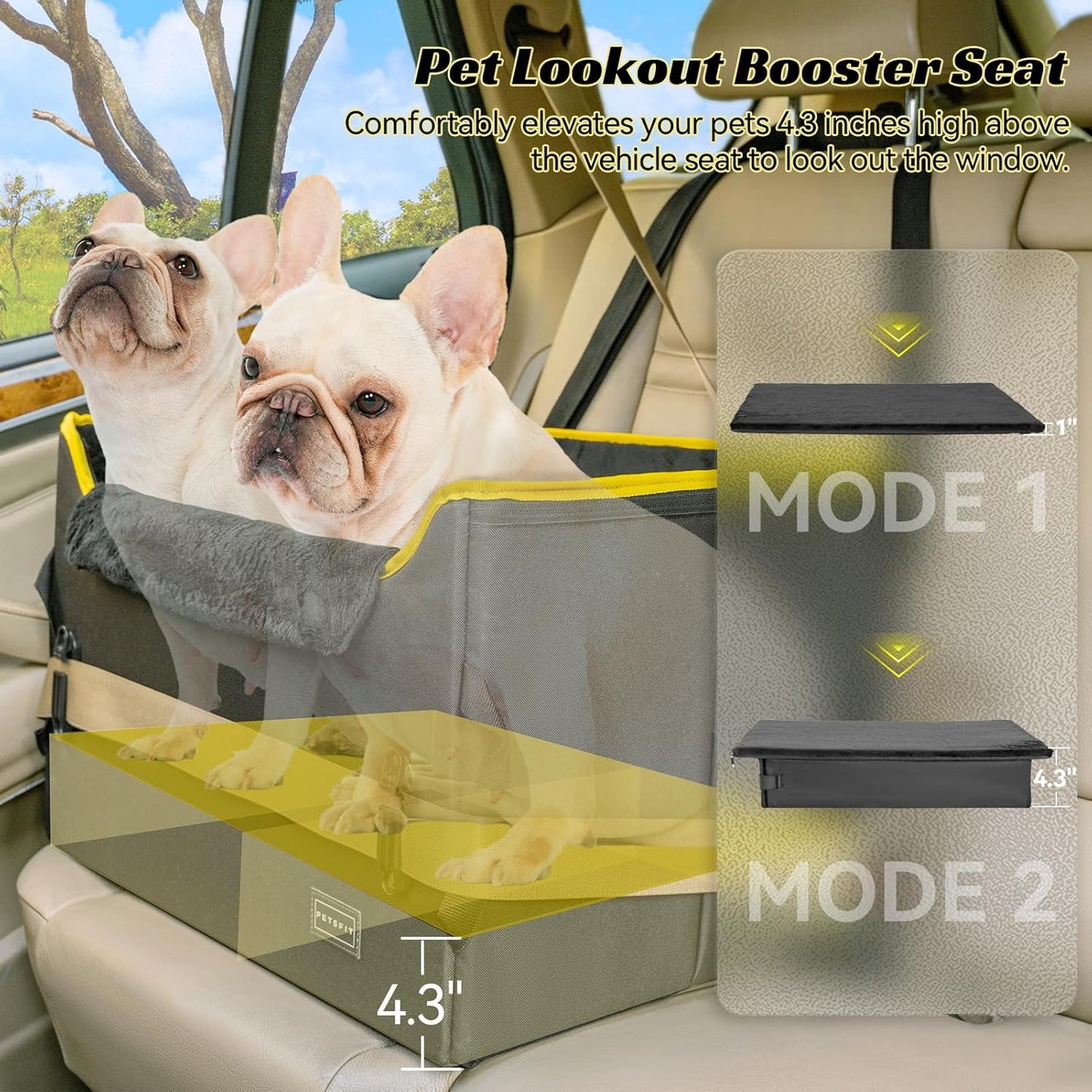 PETSFIT Dog Booster Car Seat, Dog Car Seats for Medium Sized Dogs or 2 Small Pets with 2 Safety Leashes and Patented Buckles, Carseat for Dogs with Storage Pockets for Pets Under 45Lbs (Black)