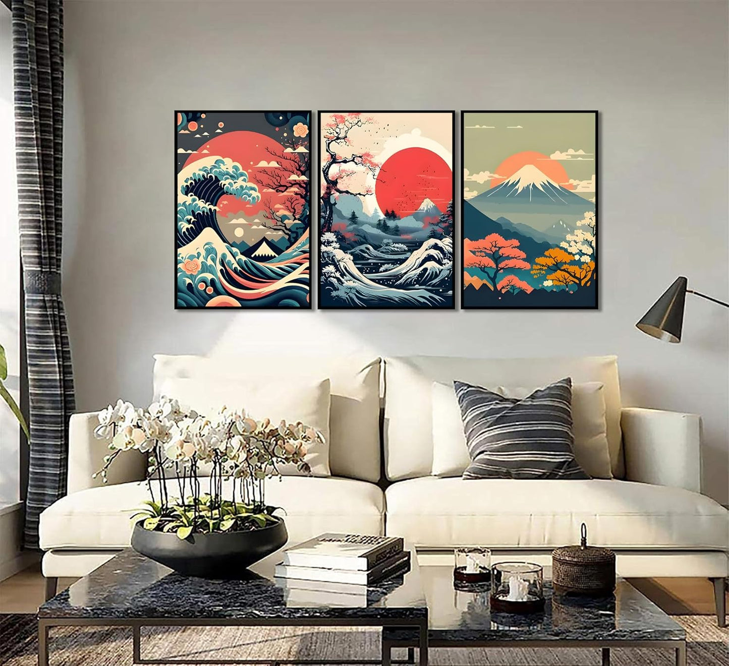HOYXHKMT 3Pcs Japanese Wall Art Japanese Fuji Wall Decor Asian Nature Landscape Posters Pictures Kanagawa Giant Wave Canvas Prints Cherry Blossom Lake Painting for Living Room Bedroom Office Unframed