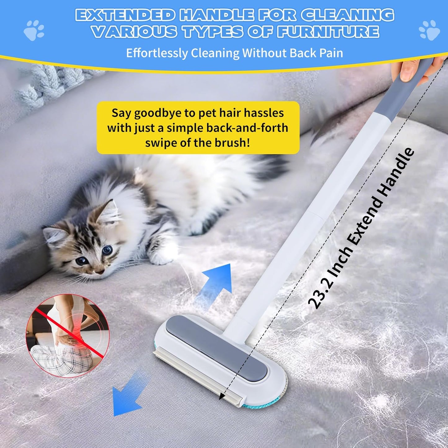 Pet Hair Remover for Furniture – 23.2Inch Reusable Dog & Cat Hair Removal Brush, Washable Lint Cleaner with Long Handle, 4-in-1 Pet Hair Remover for Couch, Carpet, Clothes & Bedding