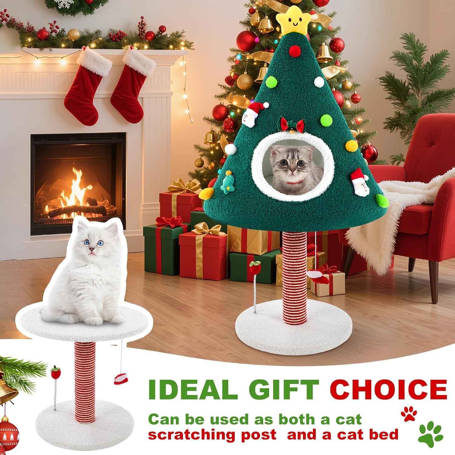 Dansydaisy 36.6 Inch Christmas Cat Tower with Cat Scratching Post and Green House Scratcher Tall Tree Tower Nature Sisal Christmas Tree Scratcher Activity Center Play Condo for Indoor