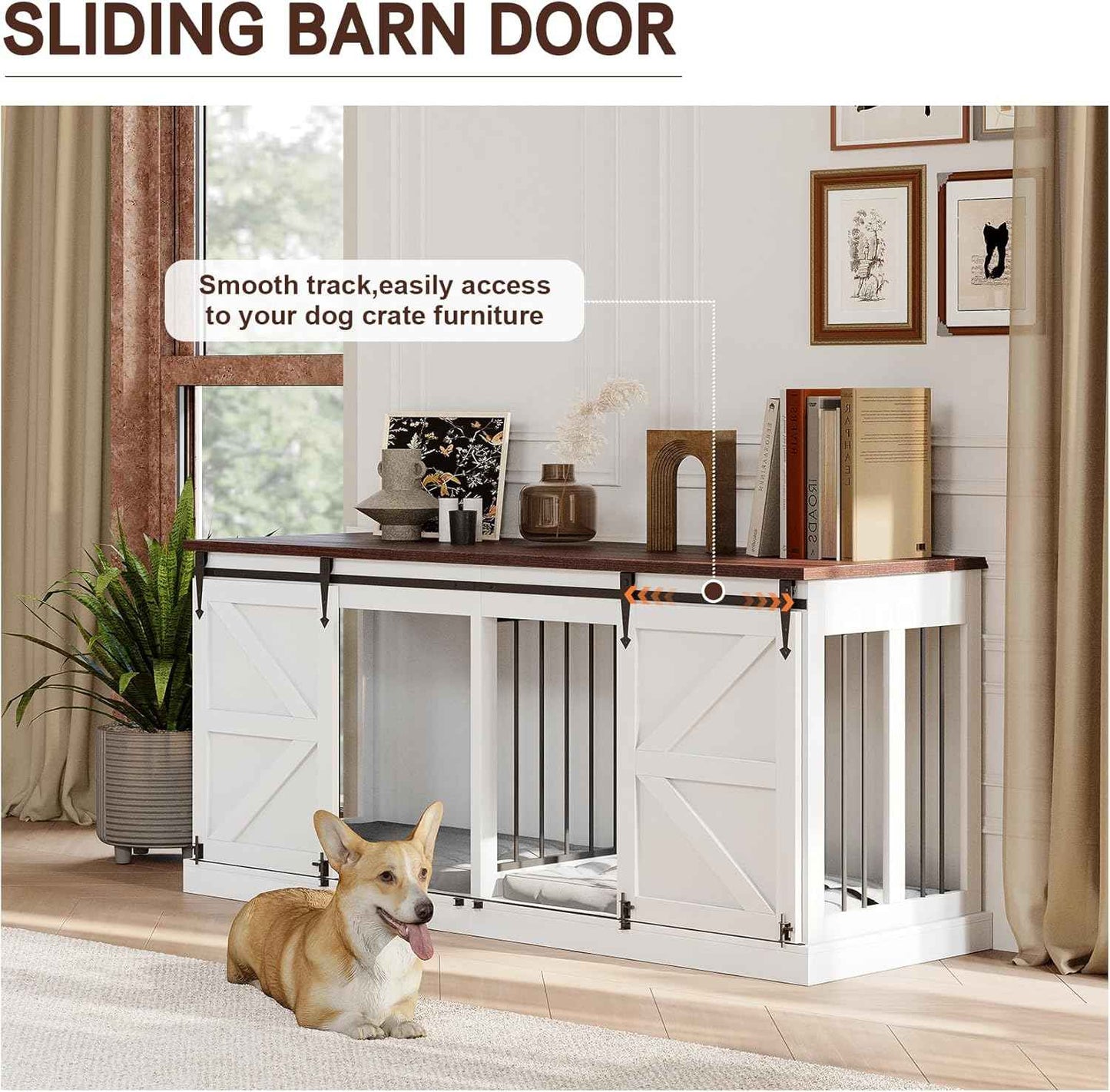 Dog Crate Furniture - Indoor Wooden Dog Kennel with Room Divider and Double Sliding Barn Doors - 71”x23.6”x31.5”H, White