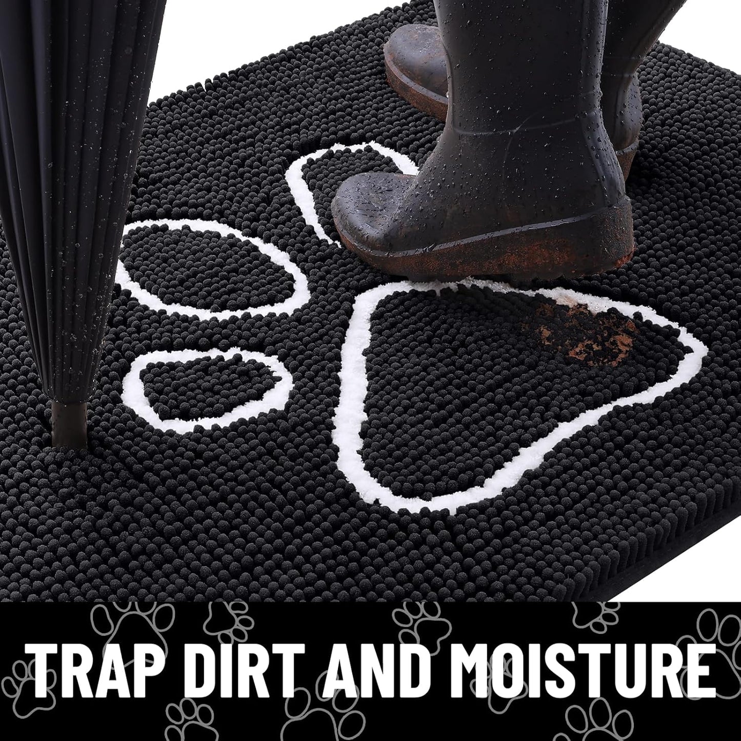 Smiry Dog Door Mat for Muddy Paws, Absorbent Dirt Trapper Non Slip Quick Dry Washable Chenille Mat for Mud Dogs, Entry Rug for Indoor and Outdoor (71x46 Inches, Black)