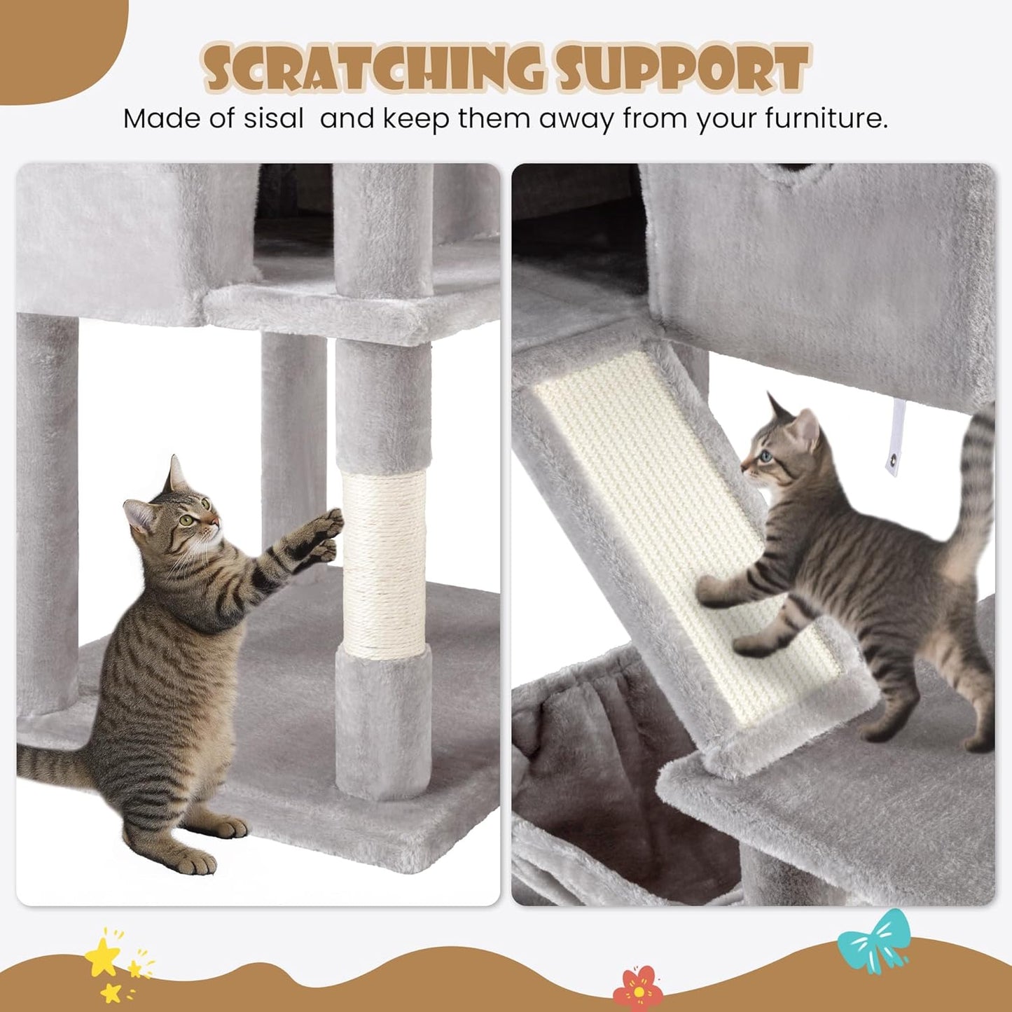 SHA CERLIN 81in Multi-Level Tall Cat Tree Tower for Indoor Kitties/Larger Cat Condo Furniture with Hammock/Cozy Pussycat Perches/Sisal Scratching Posts/Pet House/Wide Base/Grey