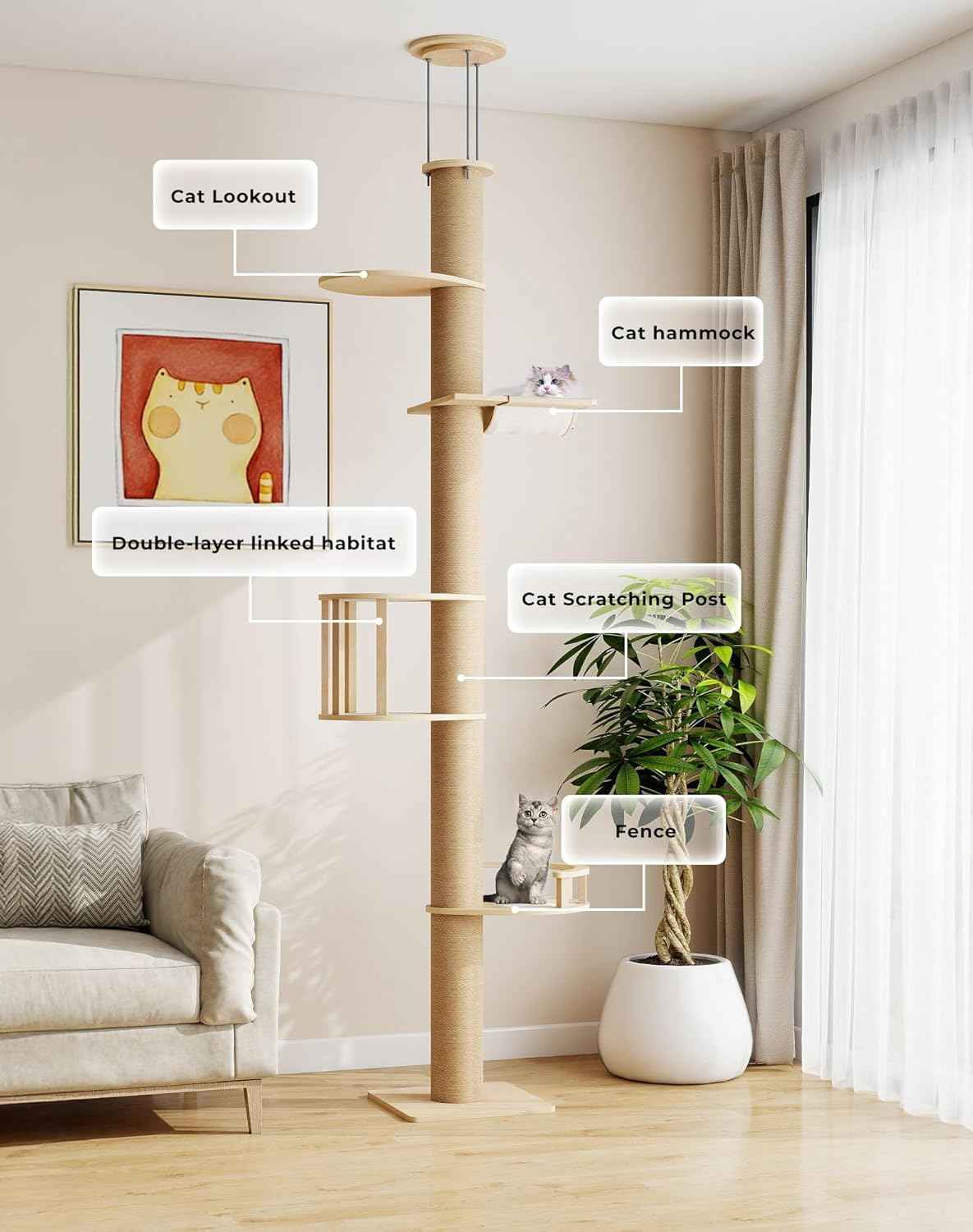 COZIWOW Floor to Ceiling Cat Tree, Tall Cat Tower with Lots of Scratching Posts, Designed for Large Cats, Indoor Cat Furniture Suitable for All Cat Sizes