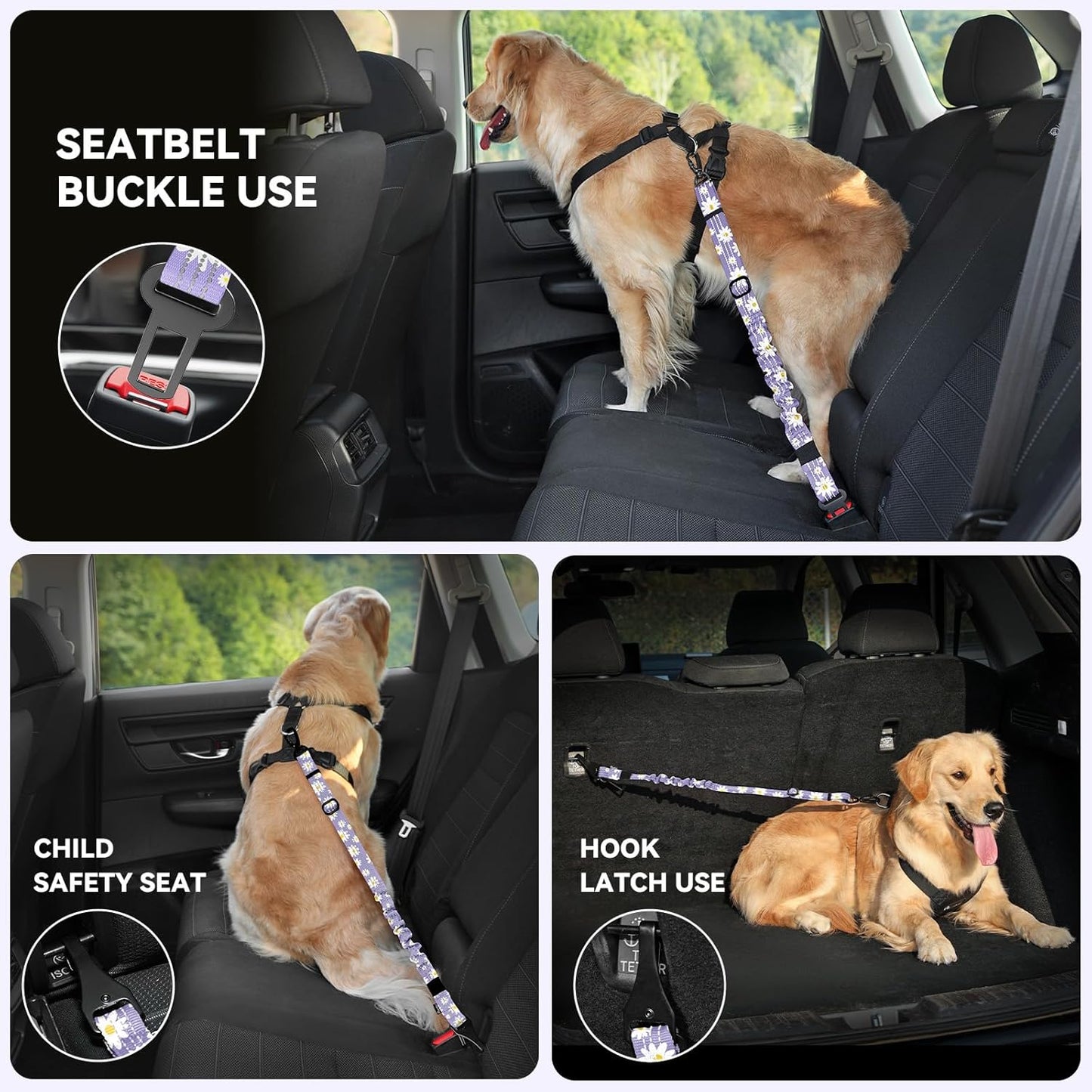 Pawaboo 2Pack Dog Seatbelt for Car, 3-in-1 Dog Car Seat Belt Bungee, Dogs Tether for Cars with Buckle & Hook Latch, Adjustable Reflective Dogs Cars Harness Leash with 360° Lockable Buckle,Light Purple
