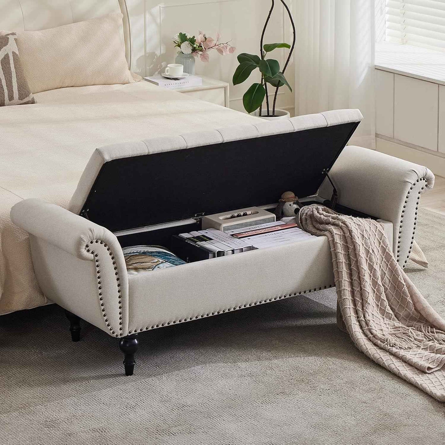 63.78" Ottoman with Storage, Storage Ottoman Bench with Safety Hinge, Upholstered Entryway Bench with Seating for Bedroom, Living Room, Holds Up to 700 Lb Beige