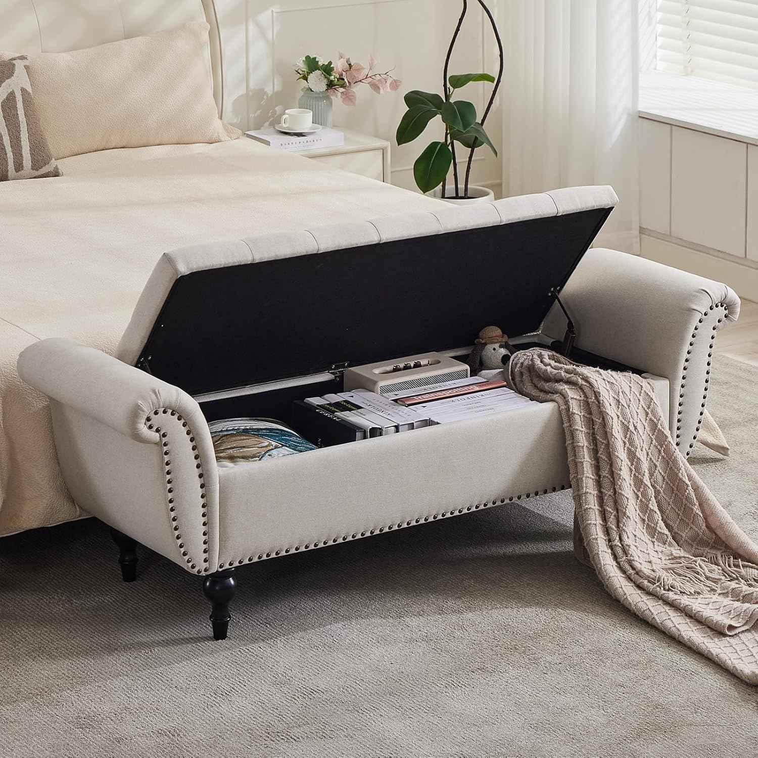 63.78" Ottoman with Storage, Storage Ottoman Bench with Safety Hinge, Upholstered Entryway Bench with Seating for Bedroom, Living Room, Holds Up to 700 Lb Beige