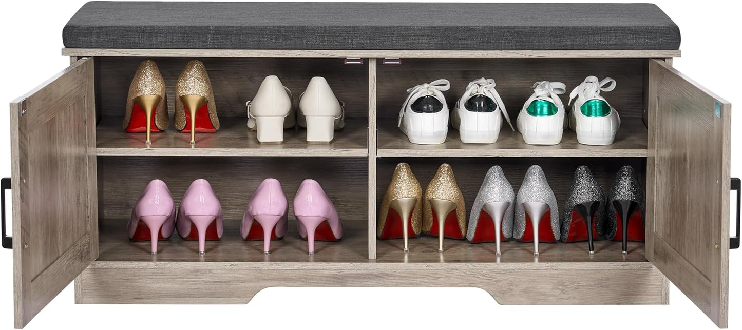 2-Tier Storage Bench, Shoe Bench with Padded Seat Cushion, Entryway Bench with 2 Barn Doors, Adjustable Shelf, 13.8" D x 39.4" W x 17.7" H, for Entryway, Living Room, Bedroom, Greige