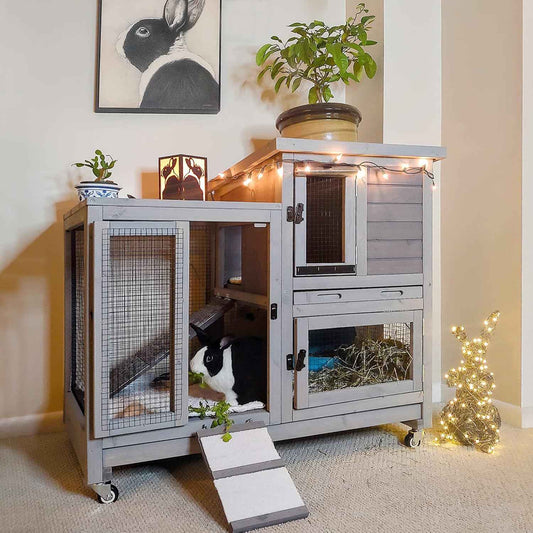 Aivituvin Rabbit Hutch Large Wooden Bunny House Guinea Pig Cages on Wheels, Two Trays, Indoor Outdoor
