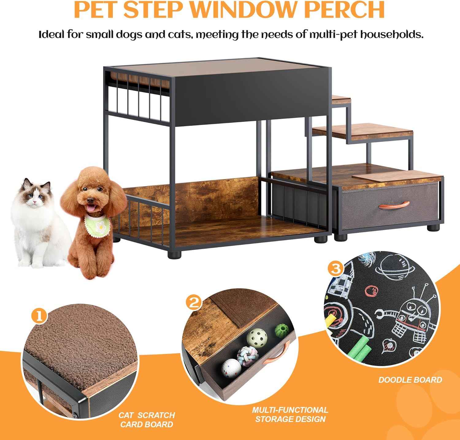 Pet Step Window Perch, Dog Bed w/ Steps for Dogs, Elevated Multi-Level Platform, Bunk Bed, Non-Slip Pad & Storage, Vintage