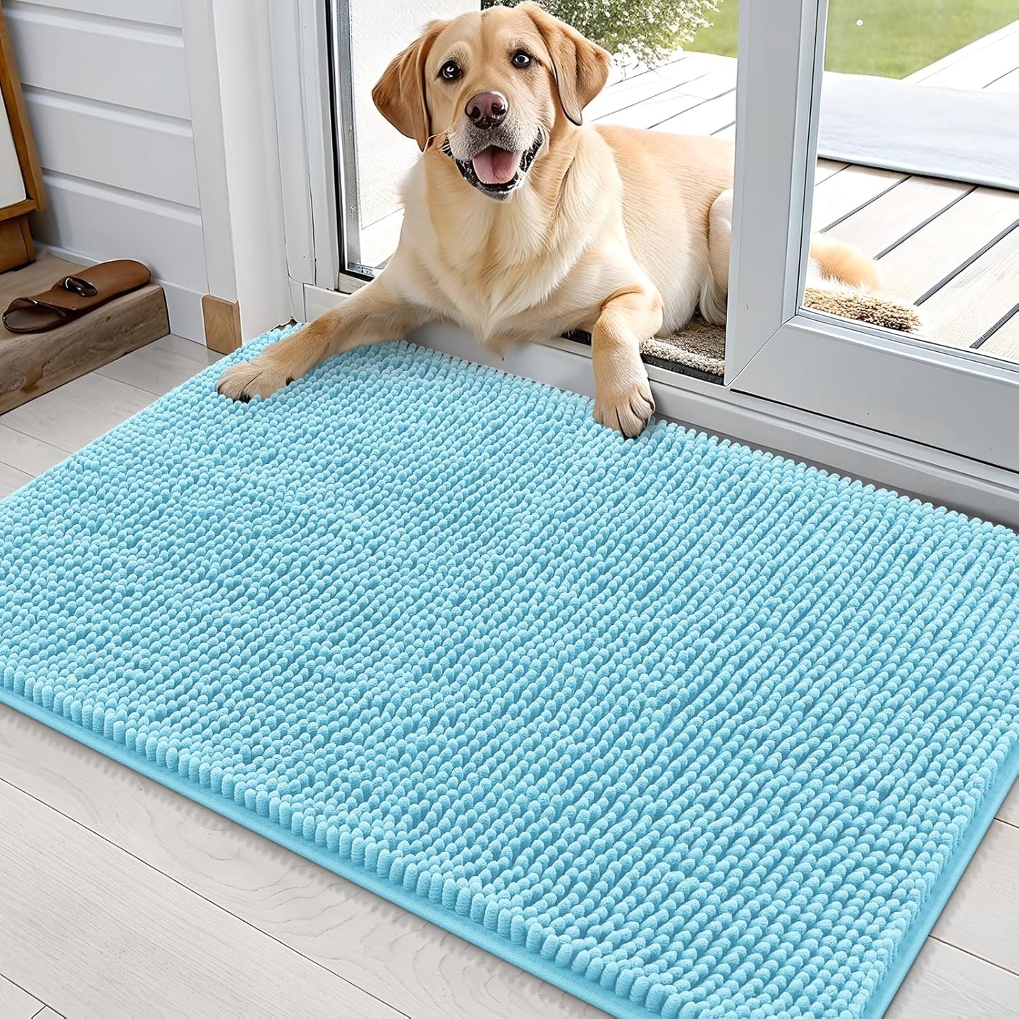OLANLY Dog Door Mat for Muddy Paws 36x24, Absorbs Moisture and Dirt, Absorbent Non-Slip Washable Doormat, Quick Dry Chenille Mud Mat for Dogs, Entry Indoor Entryway Carpet for Inside Floor, Blue