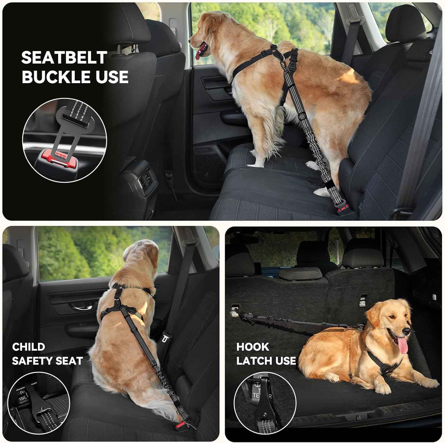 Pawaboo Dog Seat Belt Harness for Car, Dog Car Harness Seatbelt with Double Clips, Adjustable Breathable Pet Vest & Dogs Safety Tether with Elastic Bungee for Small Medium Large Pet, L, Black