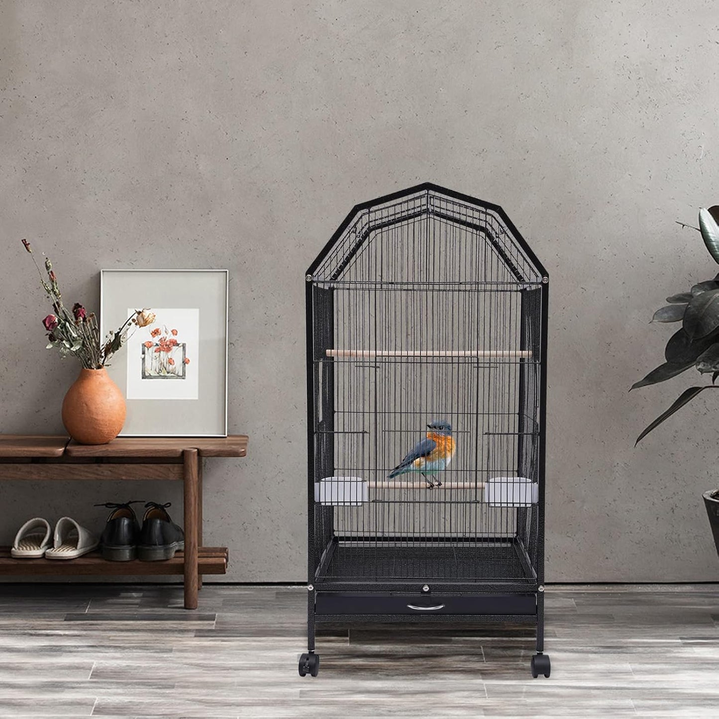 40-Inch Wrought Iron Bird Cage with Open-Top and Rolling Stand, Movable Parrot Cage Pet Bird Flight Cage, 360 Degree View Spacious Interactive Roof Pet Bird House for Medium&Small Birds