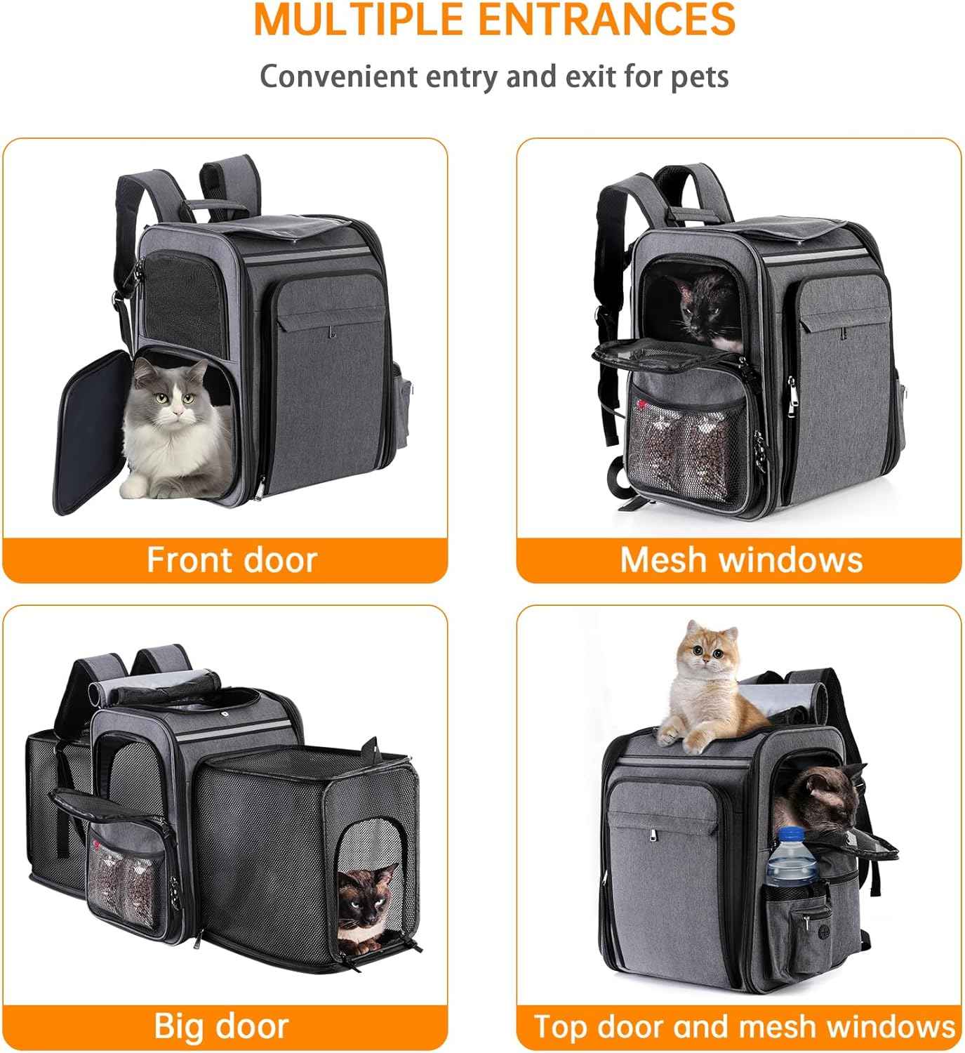Cat Backpack Carrier,Double Side Expandable Cat Carrier Backpack,Dog Carrier Backpack for Medium Cats and Small Dogs,Puppies Up to 20 Lbs,Pets Carrier Backpack with Breathable Mesh(Grey)