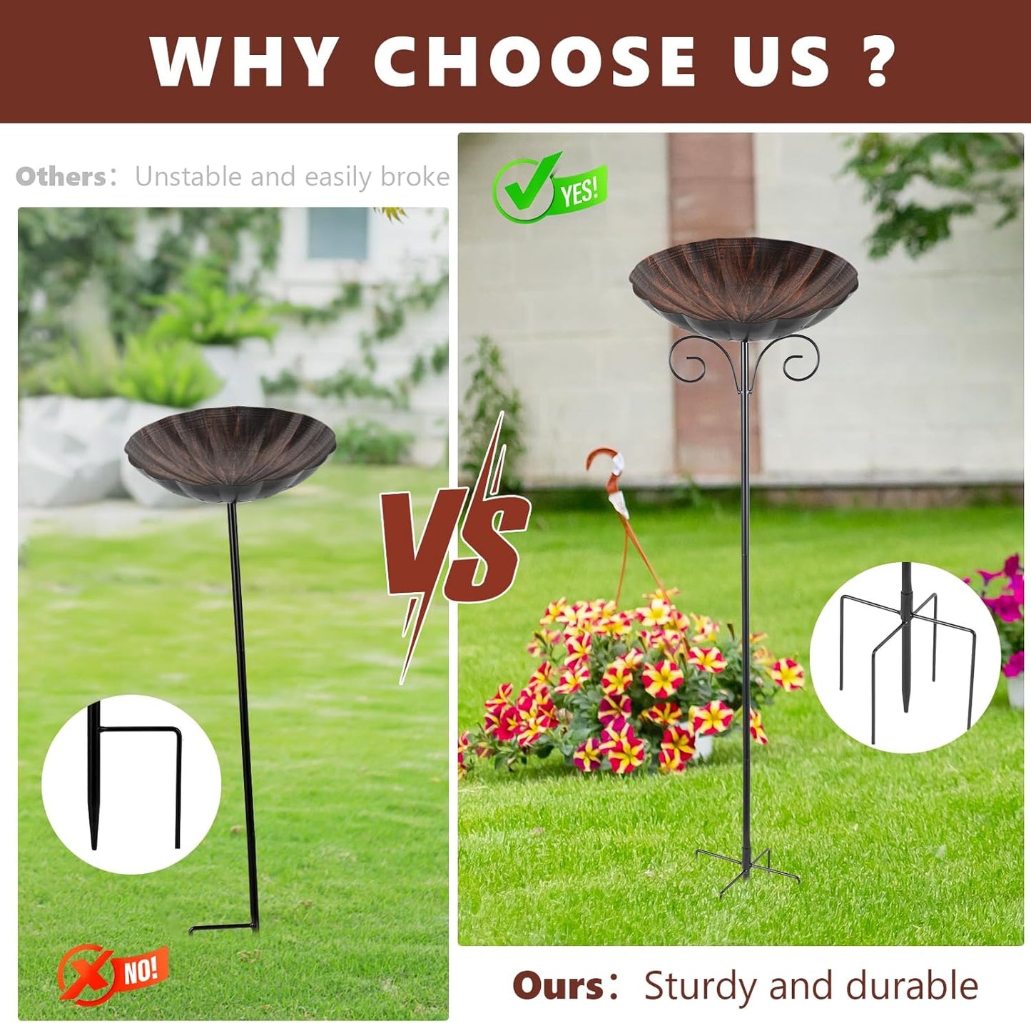 Metal Bird Baths for Outdoors, 39" H Birdbath with 10 Inch Bowl, Standing Bird Bath & Bird Feeder with Stake for Outside Garden Patio Yard Lawn Decor, Copper