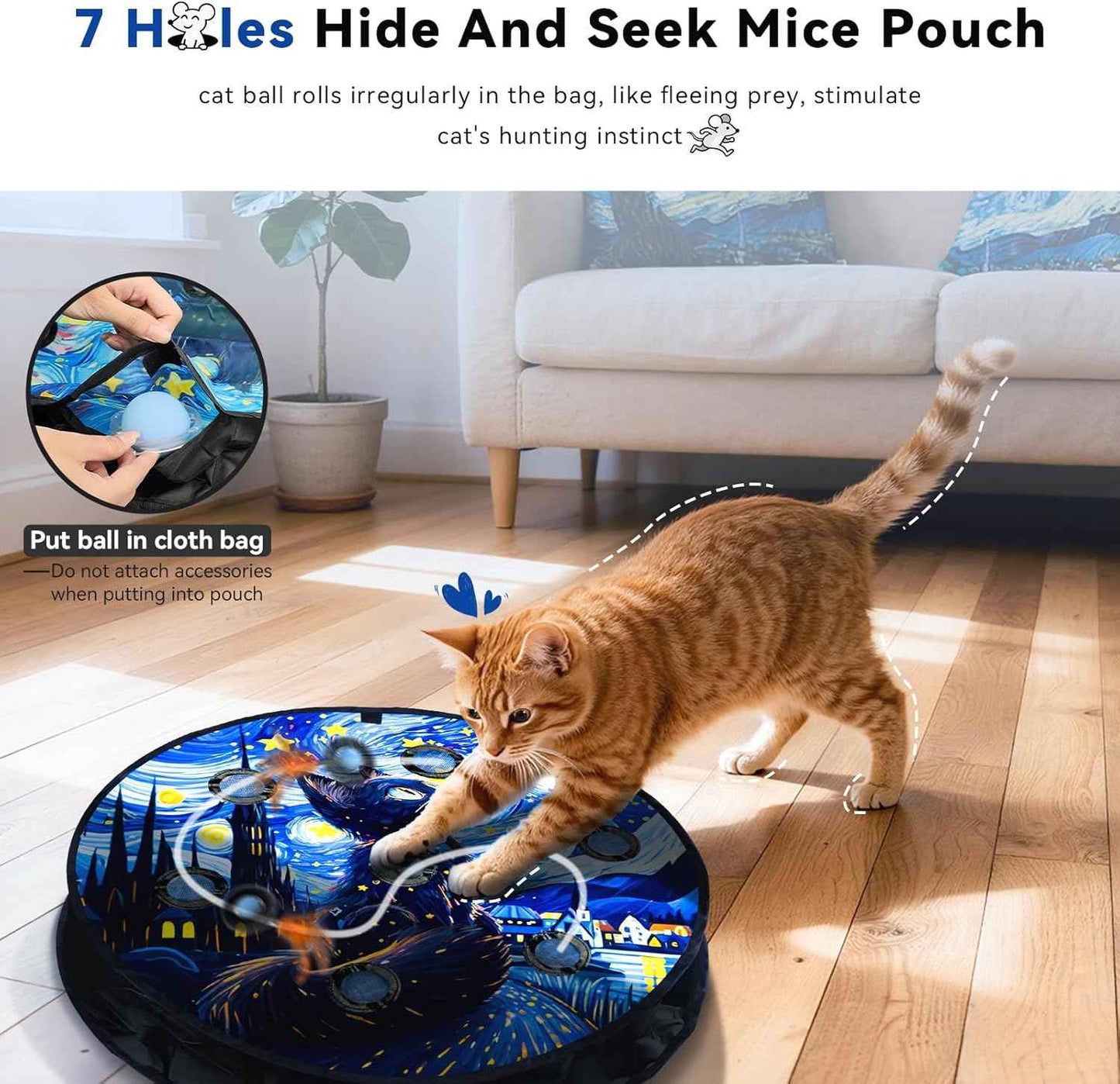 Interactive Cat Toy with Motion Activated Ball & 7-Hole Play Mat, Hide and Seek Exercise Game for Indoor Cats, Automatic Moving Cat Ball in Pouch, Rechargeable Kitten Toys (Starry Night)
