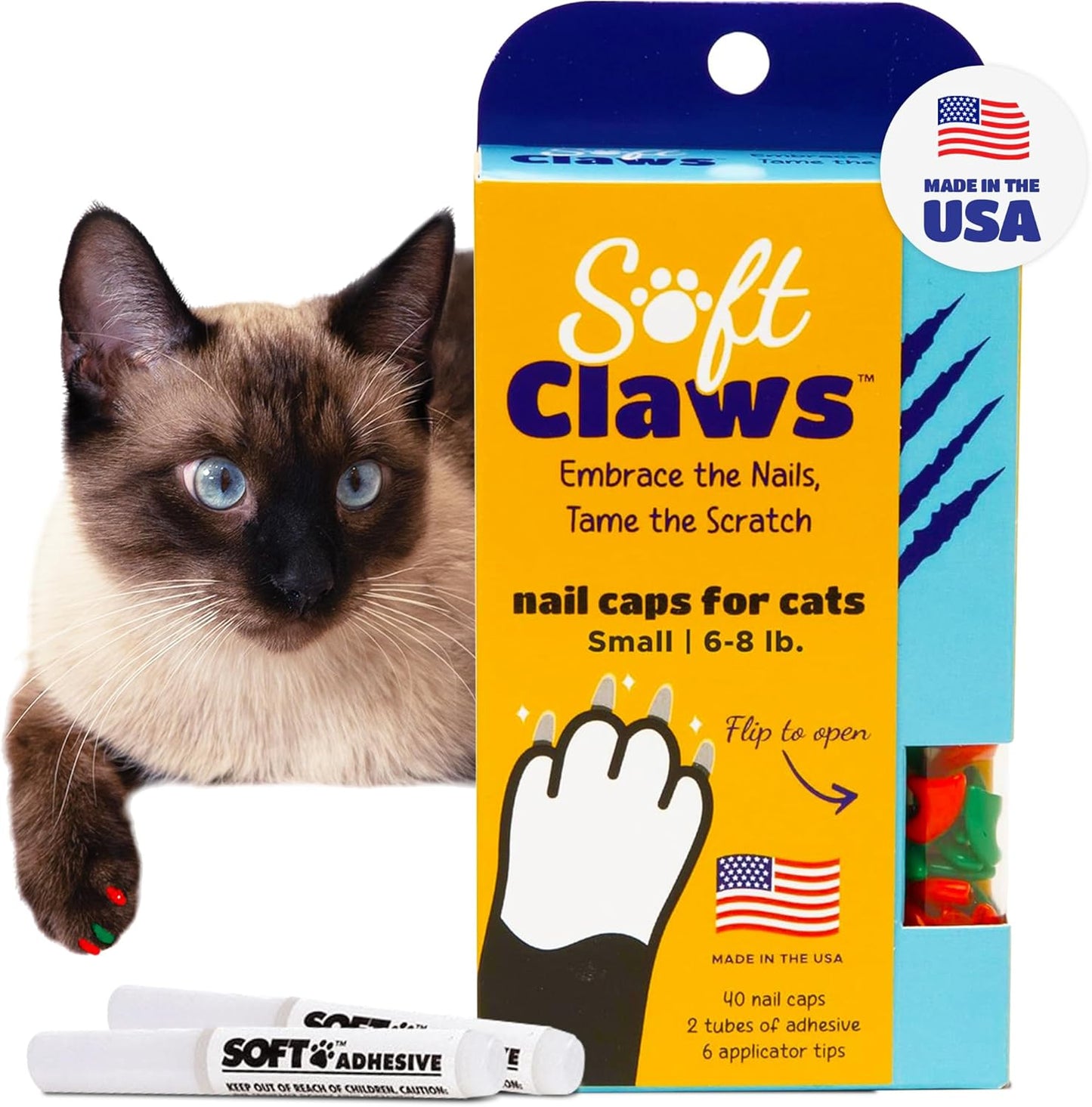 Soft Claws Cat Nail Caps for Small Cats – (40 Caps, Green & Red) - Made in USA - Veterinarian-Developed | Protects Furniture & Skin - Easy to Apply, Long-Lasting Anti-Scratch Soft Cat Claw Covers
