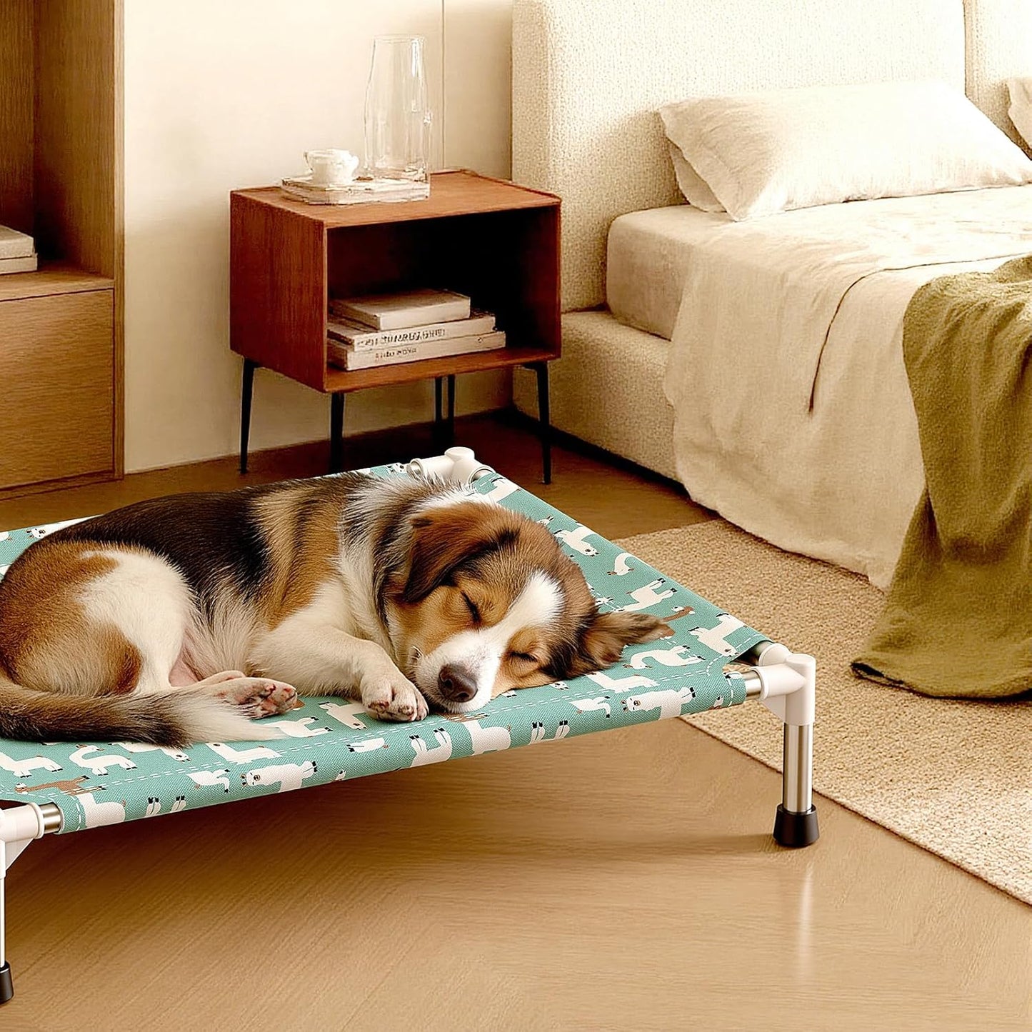 Cute Alpaca Print Elevated Dog Bed - Portable Cooling Pet Cot for Medium Dogs - Breathable Thickened Fabric Hammock, Crate Compatible, Indoor & Outdoor Use