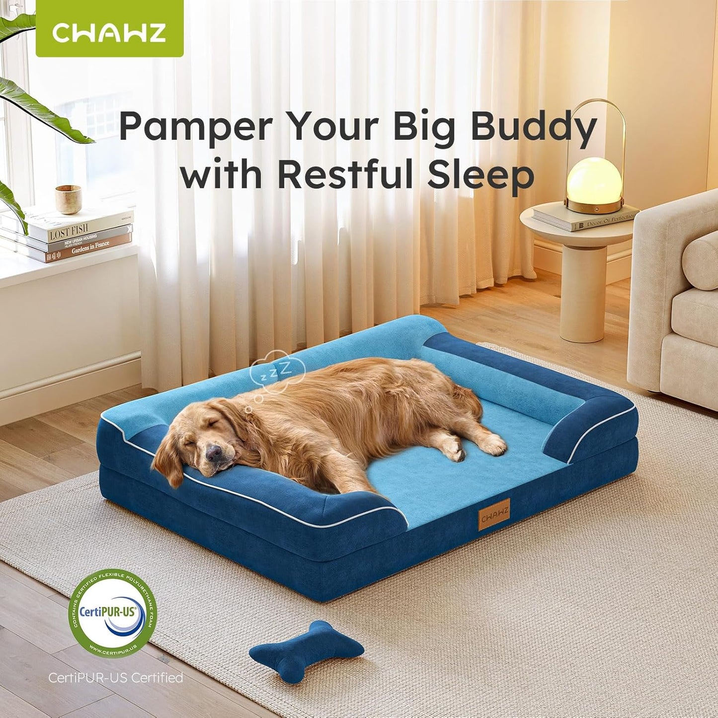 CWAWZ Dog Beds for Large Dogs, Orthopedic Dog Bed with Cooling Gel Memory Foam, Waterproof Large Pet Bed with Removable Washable Cover, 36" Pet Sofa Couch Dutch Velvet with Bone Toy, Navy Blue