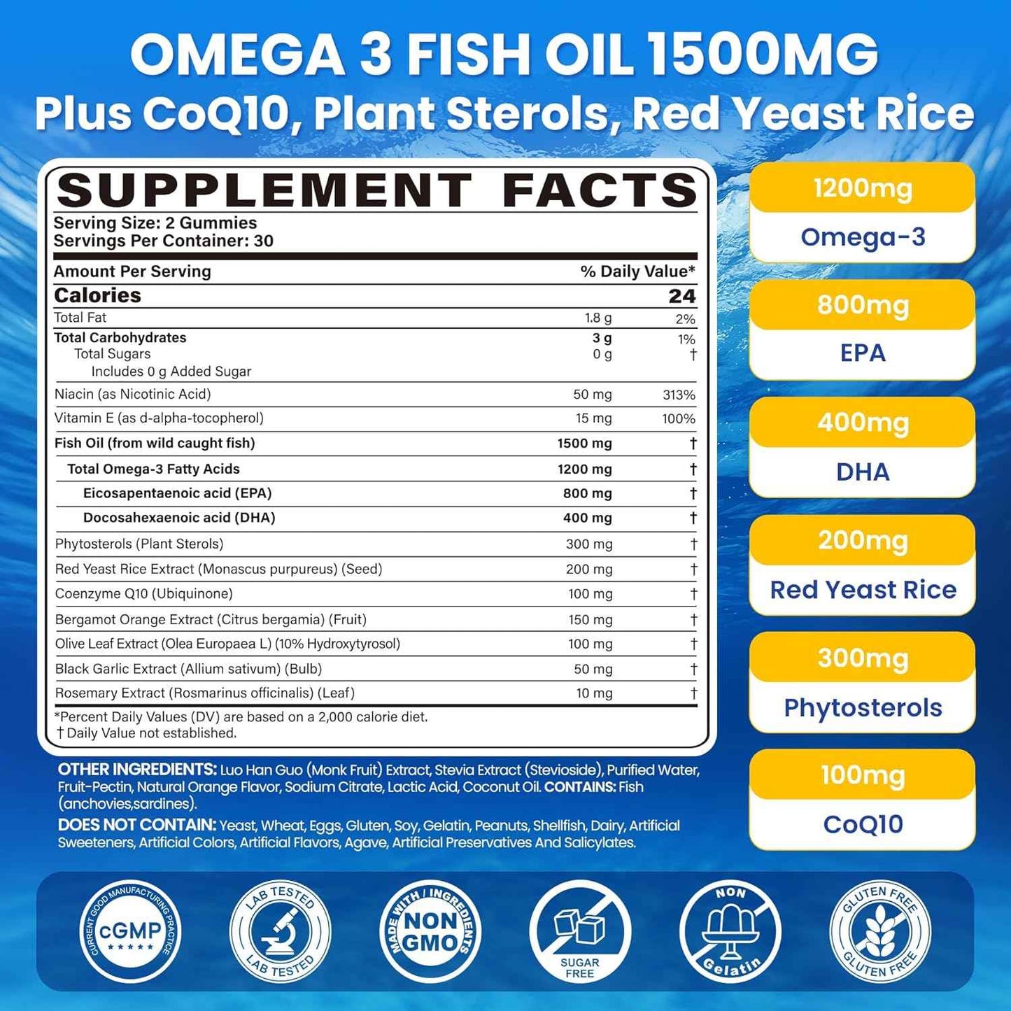 Fish Oil Omega 3 Gummies 1500mg for Adults - Triple Strength with EPA & DHA, COQ10, Red Yeast Rice - Wild Caught Omega 3 Fatty Acids Supplements for Hḙar-t & Brain - Sugar Free, Burpless, 120 Count
