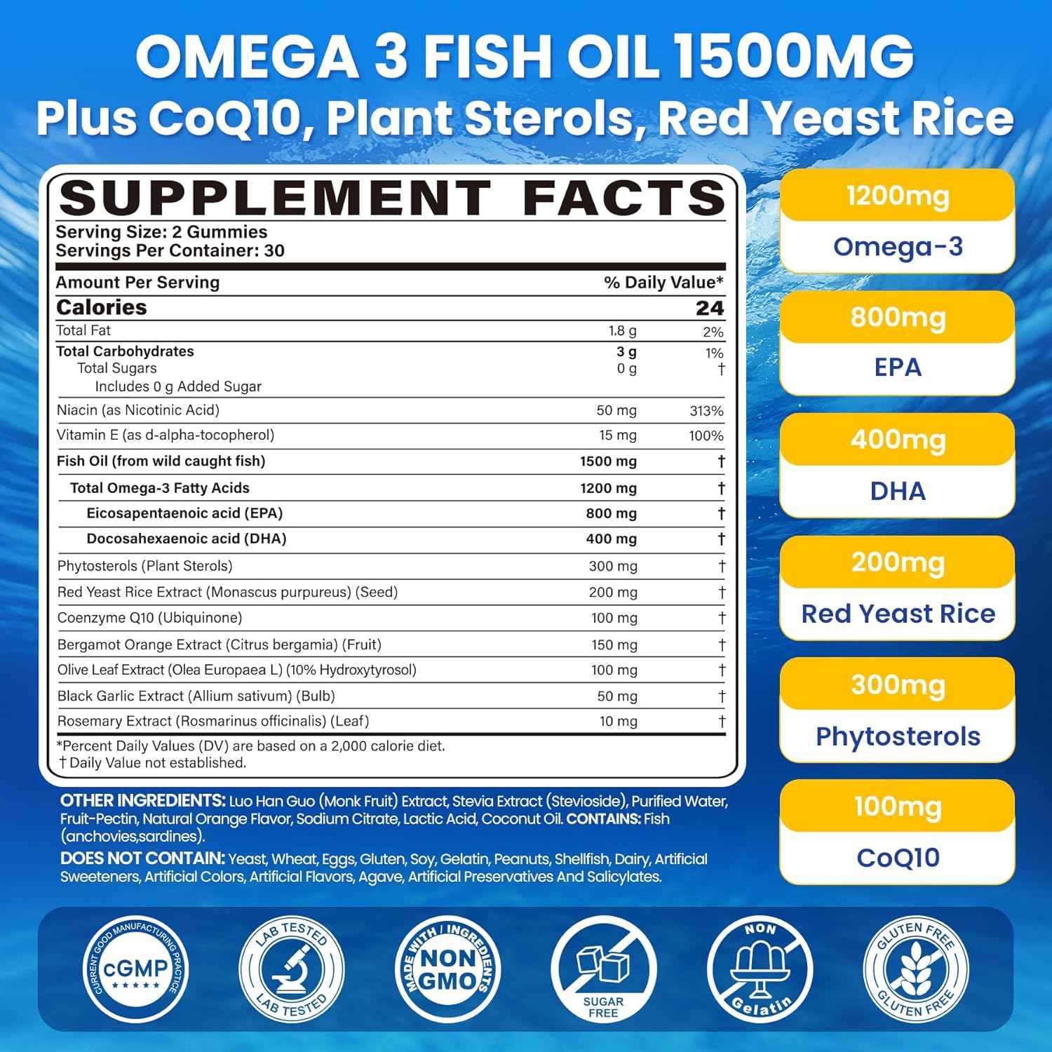 Fish Oil Omega 3 Gummies 1500mg for Adults - Triple Strength with EPA & DHA, COQ10, Red Yeast Rice - Wild Caught Omega 3 Fatty Acids Supplements for Hḙar-t & Brain - Sugar Free, Burpless, 120 Count