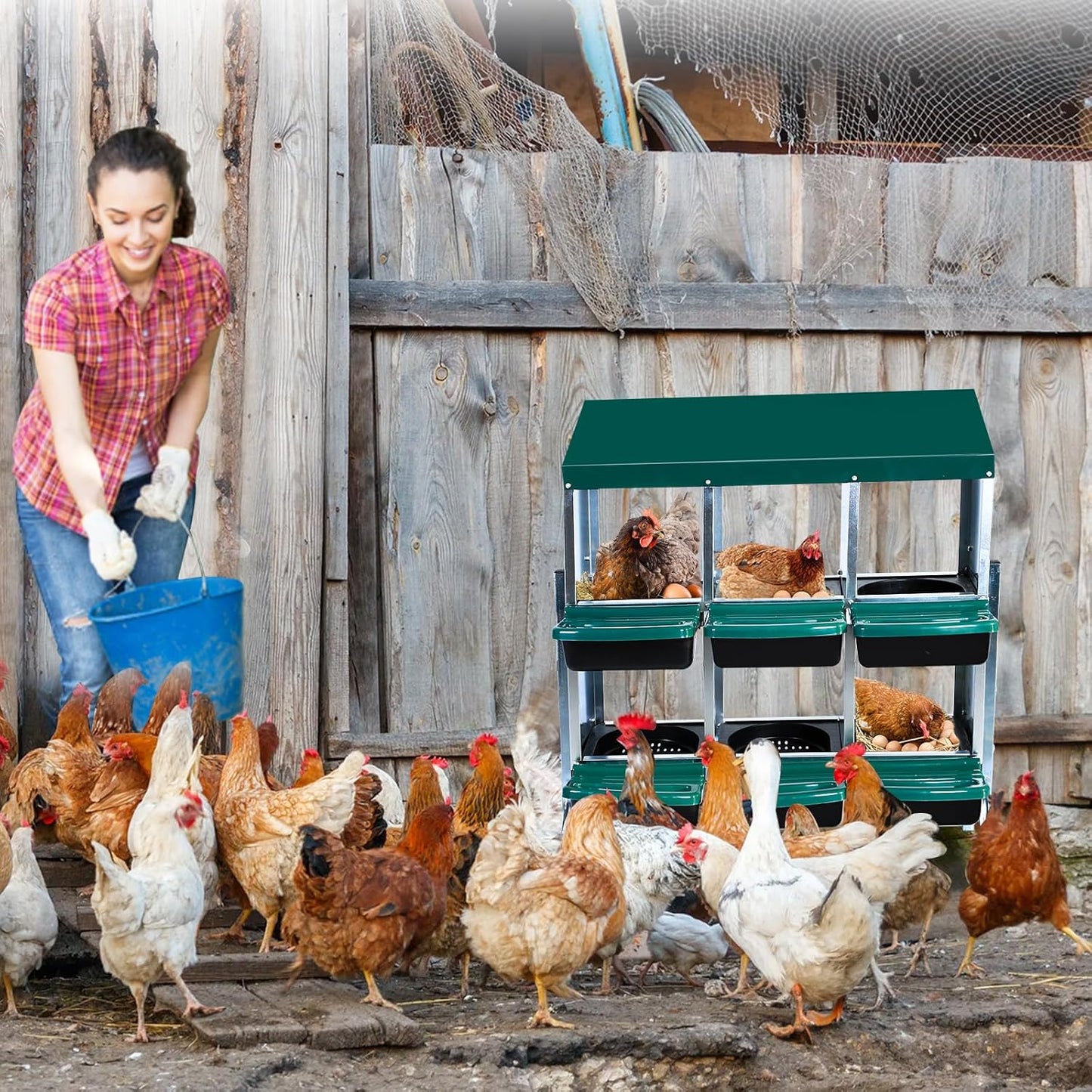 Garvee Chicken Nesting Boxes, 6 Hole Metal Chicken Laying Box with Removable Trays and Roll Out Egg Collection for Chicken Coop, Green, with Metal Legs