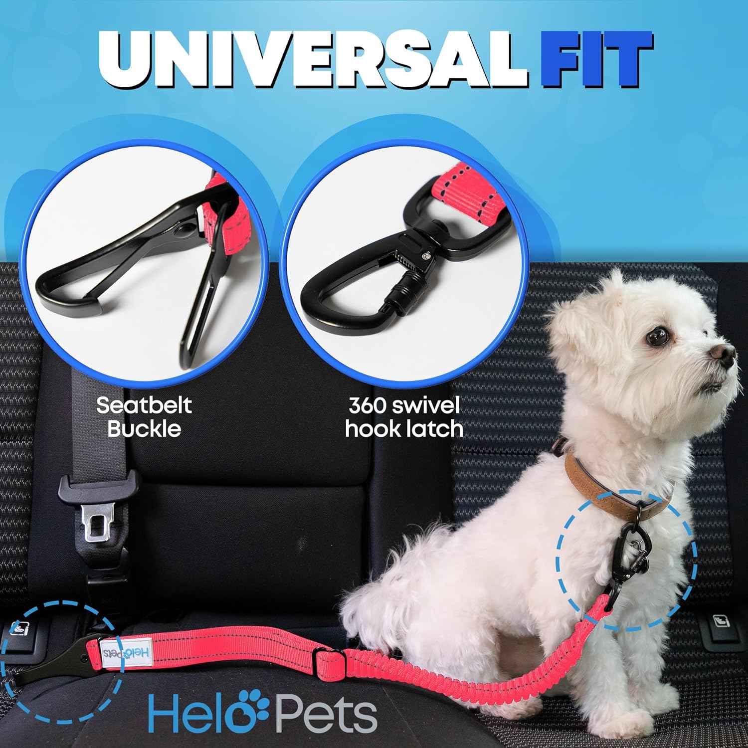 Dog Seat Belt for Car 3-in-1 Adjustable Safety Seatbelt for Dogs in Car – Durable Extra Thick Nylon Webbing Bungee with Hook & Buckle Latch, Reflective Dog Harness (Pink).
