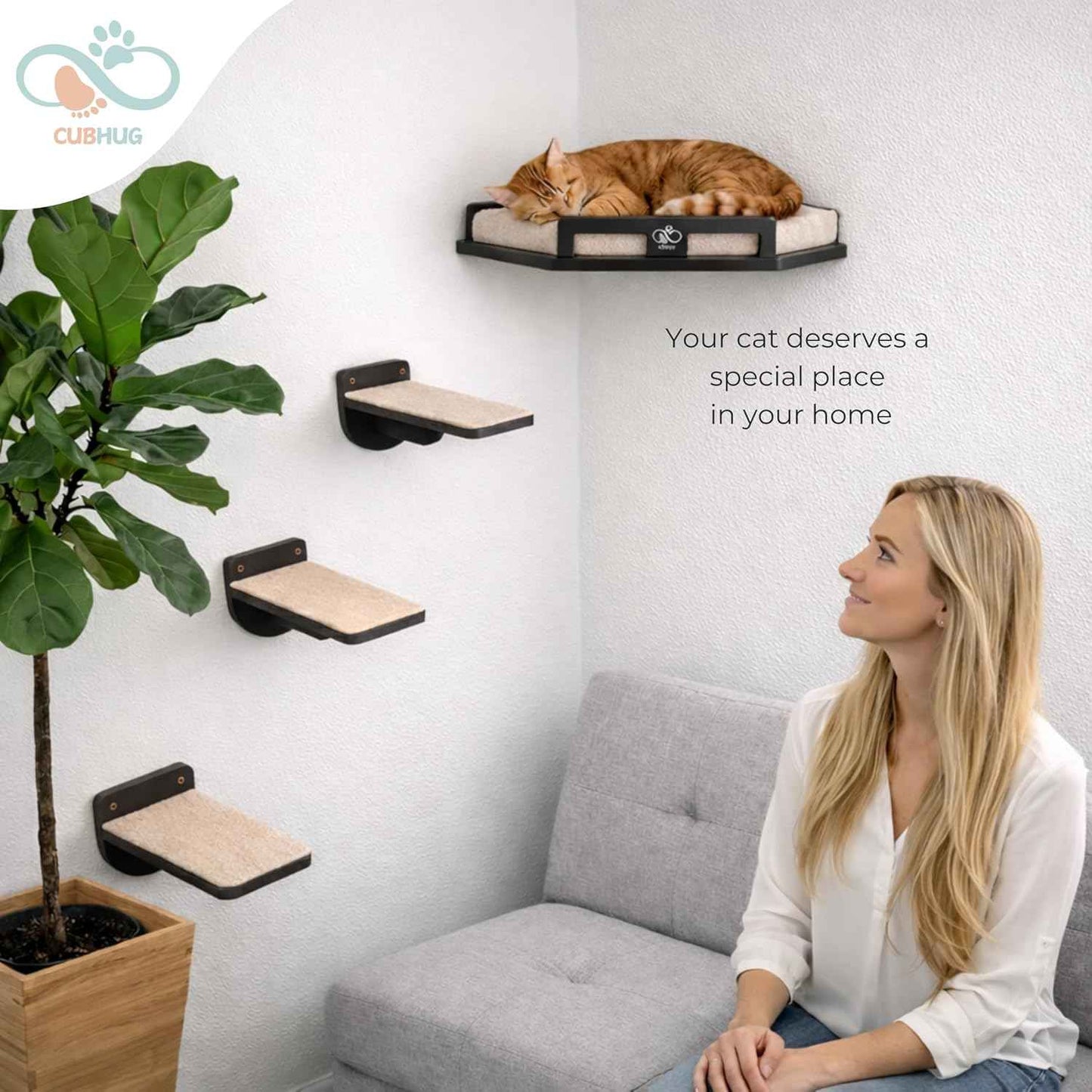 Cat Wall Shelves for Cats & Kitten up to 25 lb – Solid Wood Cozy Corner Bed + Cushion with 2 Washable Covers + 3 Wooden Steps, Safe Haven for Indoor Cats, Cat Shelves for Wall, Black