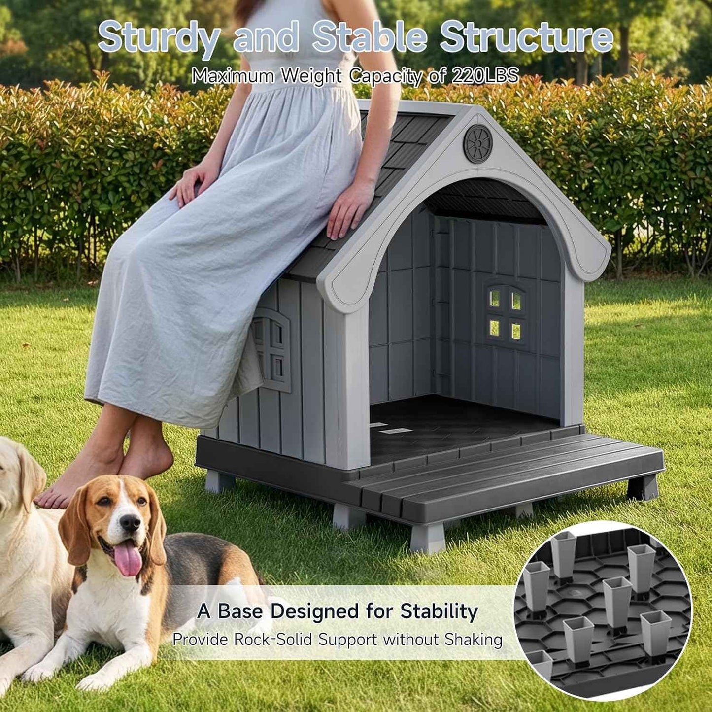 Dog House Outdoor Indoor Waterproof, Plastic Large Dog House with Elevated Floor and Air Vents, Sturdy Puppy Shelter for Large Medium Dog, Easy to Assemble, (Black 38×37×33 Inches)