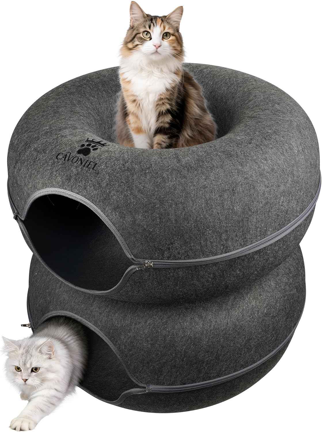 2-Level Detachable Large Cat Tunnel Bed for Indoor Cats, Scratch-Resistant Felt Donut Cat Cave, Supports Up to 30 lbs, Peekaboo Cat Tube (Dark Grey, L 24 x 24 x 22 in)