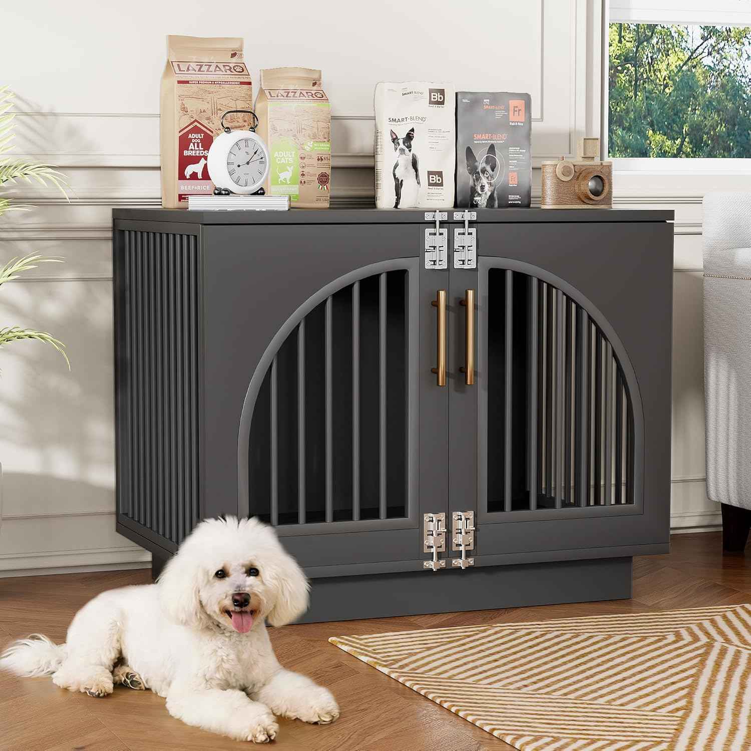 Kepptory Wooden Dog Crate Furniture End Table, Decorative Pet Kennel with Double Doors & Secure Latches for Small Medium Dogs, Black