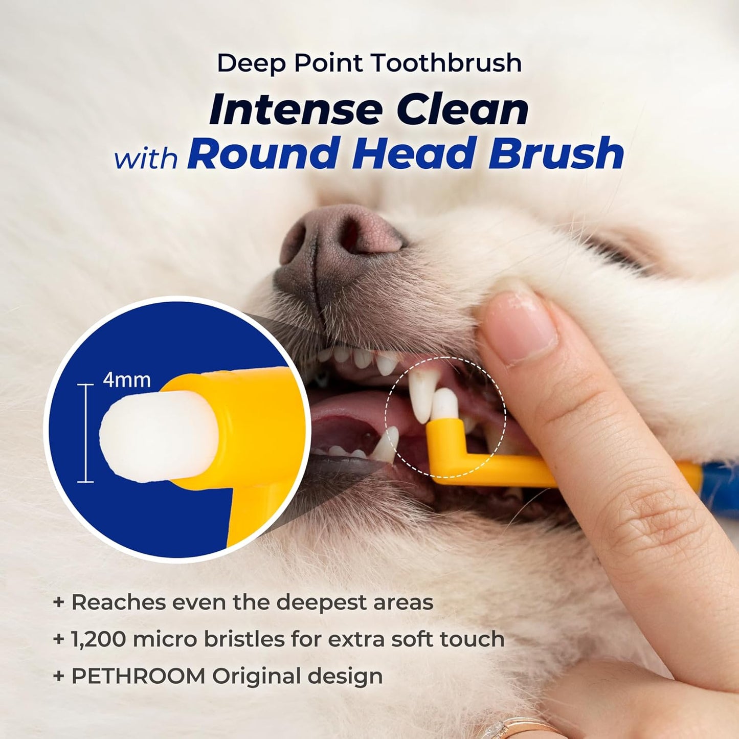 PETHROOM] Pet Toothbrush for Cats and Dogs | Round Shaped Head with Ultra Soft Bristle for Deep Cleaning Dental Care, Kitten and Small Dogs, Tartar Plaque Removal (Deep Point)
