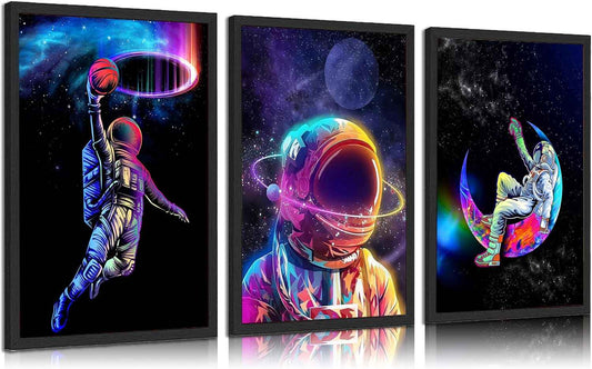 3pcs Cool Astronaut Canvas Wall Art Funny Whimsical Spaceman Basketball Posters Prints Paintings Universe Space Boy Wall Decor Pictures for Teen Boys Room Living Room Bedroom Decoration Unframed