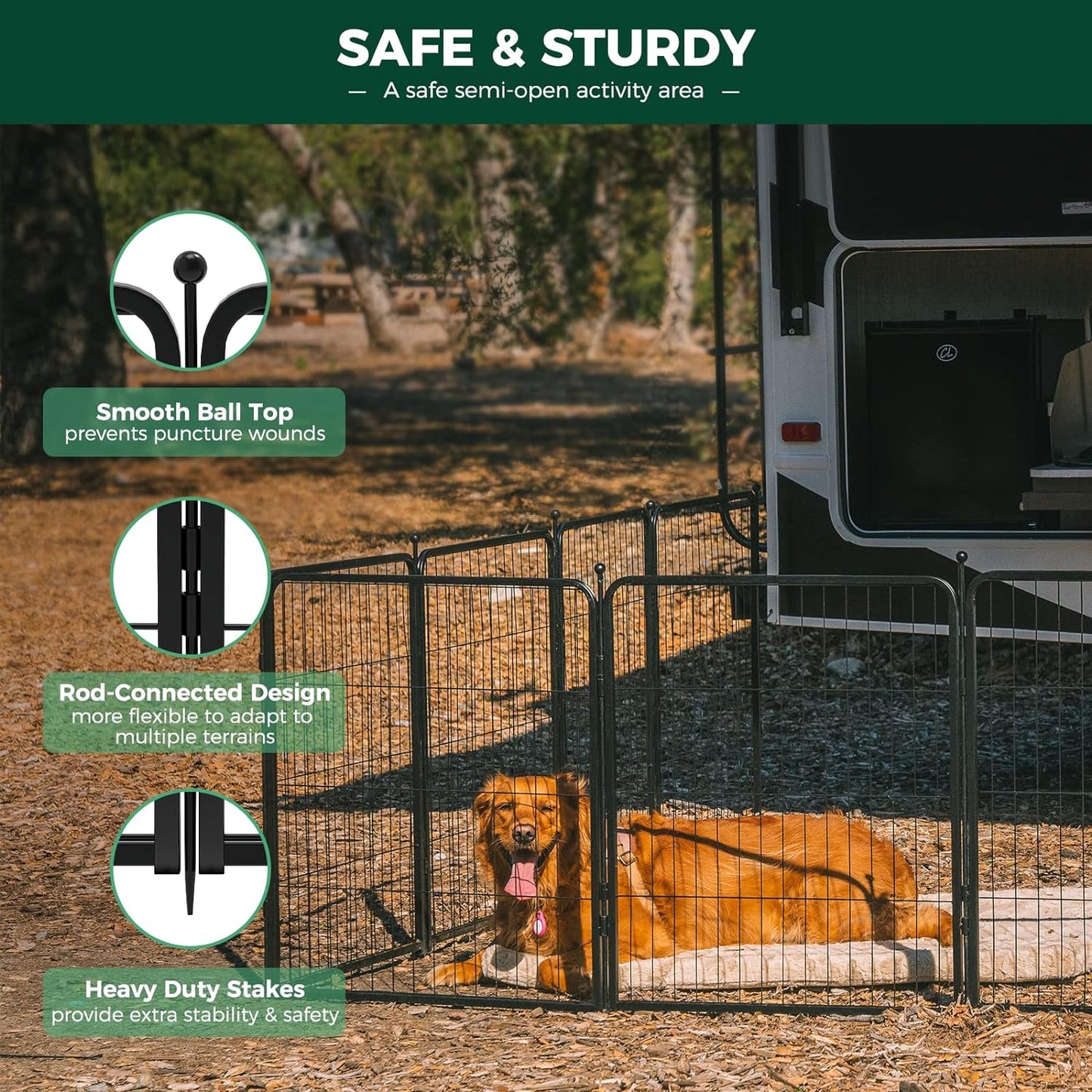 FXW Rollick Unleashed Dog Playpen for Indoor, Yard, RV Camping, 50 inch 24 Panels for Large Dogs, Black│Patented