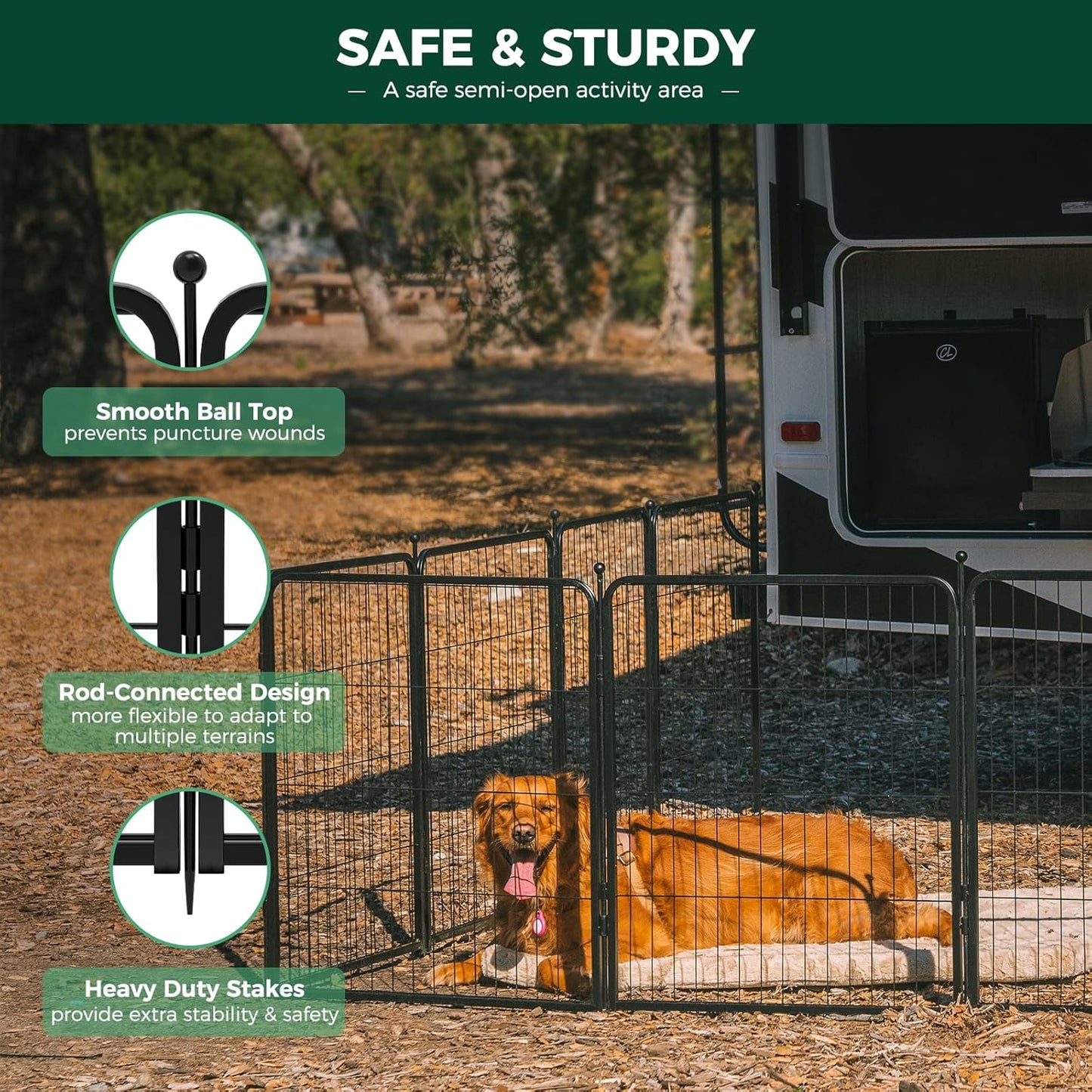 FXW Rollick Unleashed Dog Playpen for Indoor, Yard, RV Camping, 45 inch 48 Panels for Large Dogs, Black│Patented