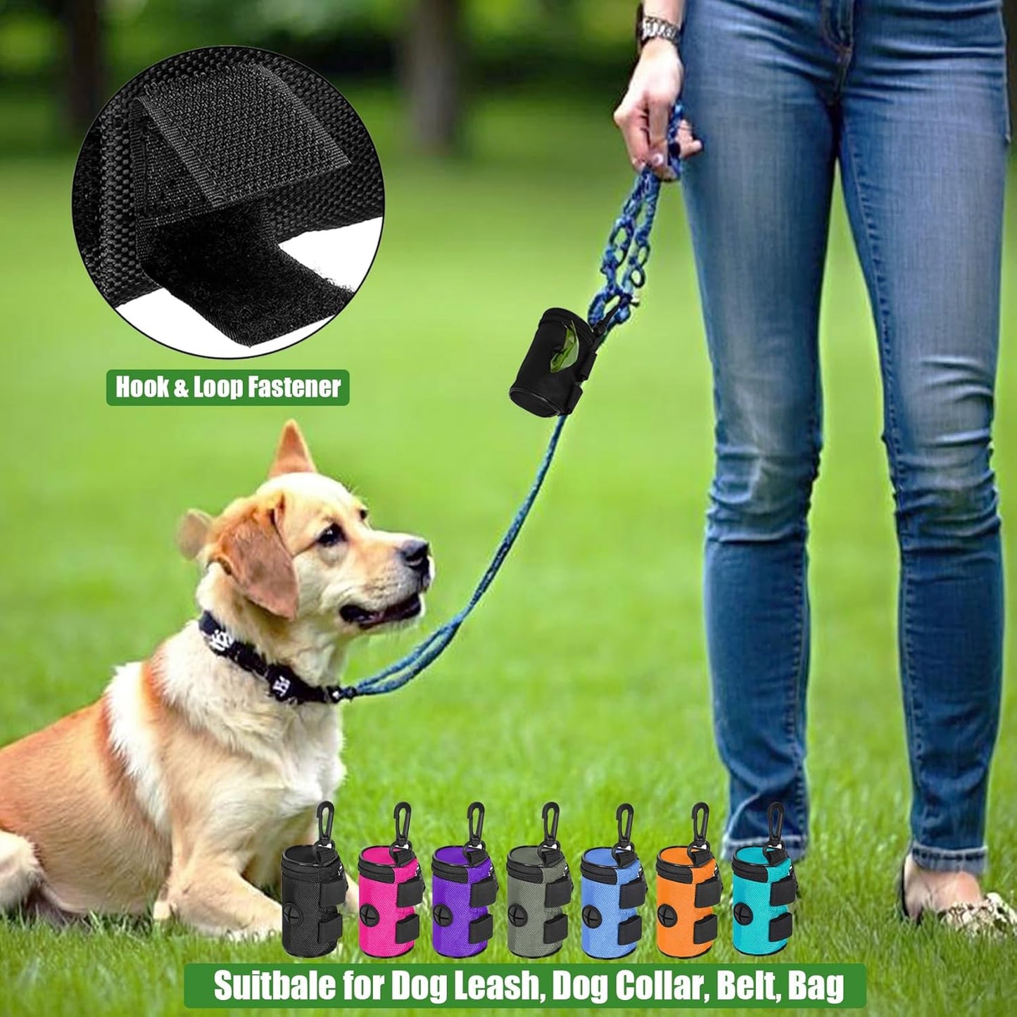 2 Pack Dog Poop Bag Holder for Leash Attachment - Waste Bag Dispenser for Leash - Fits Any Dog Leash - Portable Set with Hand Free Holder Metal Carrier, Black Round Shape