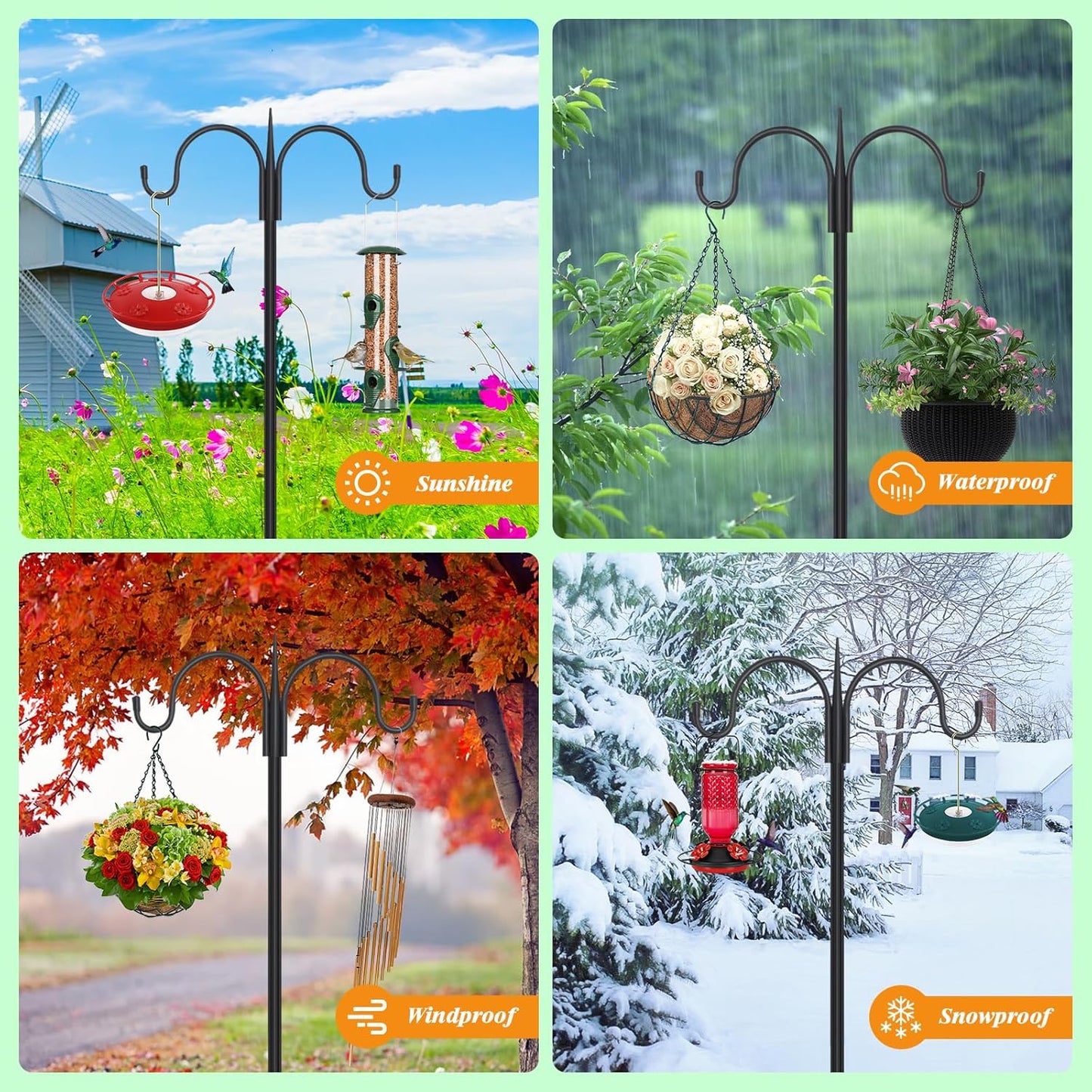 FEED GARDEN Adjustable Double Shepherds Hook for Outdoor with 5 Prong Base 63 Inch Heavy Duty Two Sided Bird Feeder Pole for Hanging Plant Baskets, Solar Light Lanterns, Wind Chimes 2 Pack