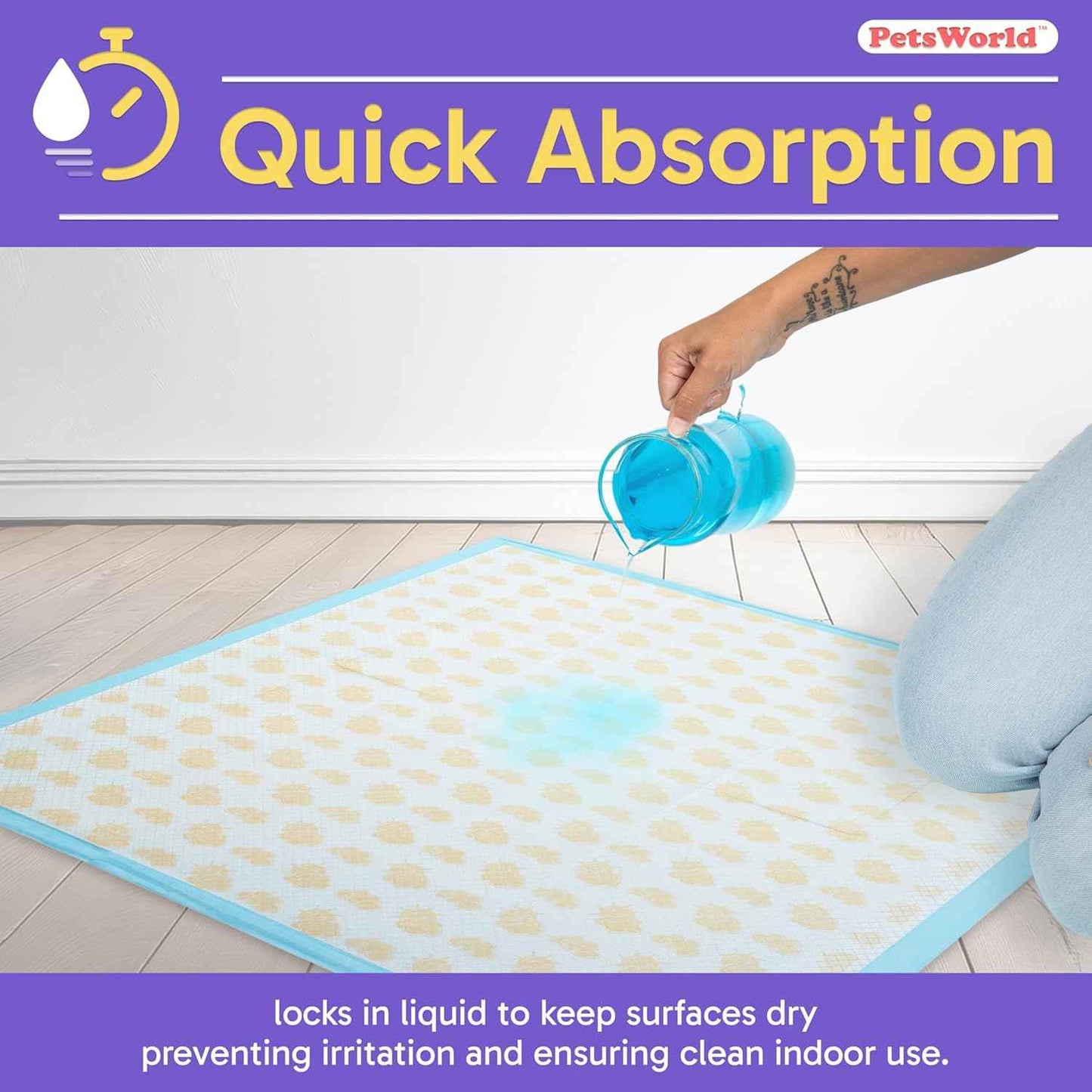 PETSWORLD Giant Dog Potty Pads, Odor-Eliminating, 36" x 36", Ultra Absorbent 5-Layer Leak-Proof Training Pads for Dogs & Cats (36x36 Health Indicating, 100 Count)