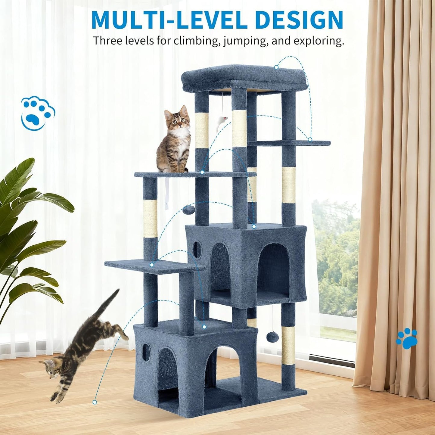 GarveeLife 61" Multi-Level Cat Tree for Indoor Cats, Heavy-Duty Tower for Large Adult & Maine Coon Cats with Oversized Perch, Dual Condos, Natural Sisal Scratching Posts & Play Toys – Light Blue