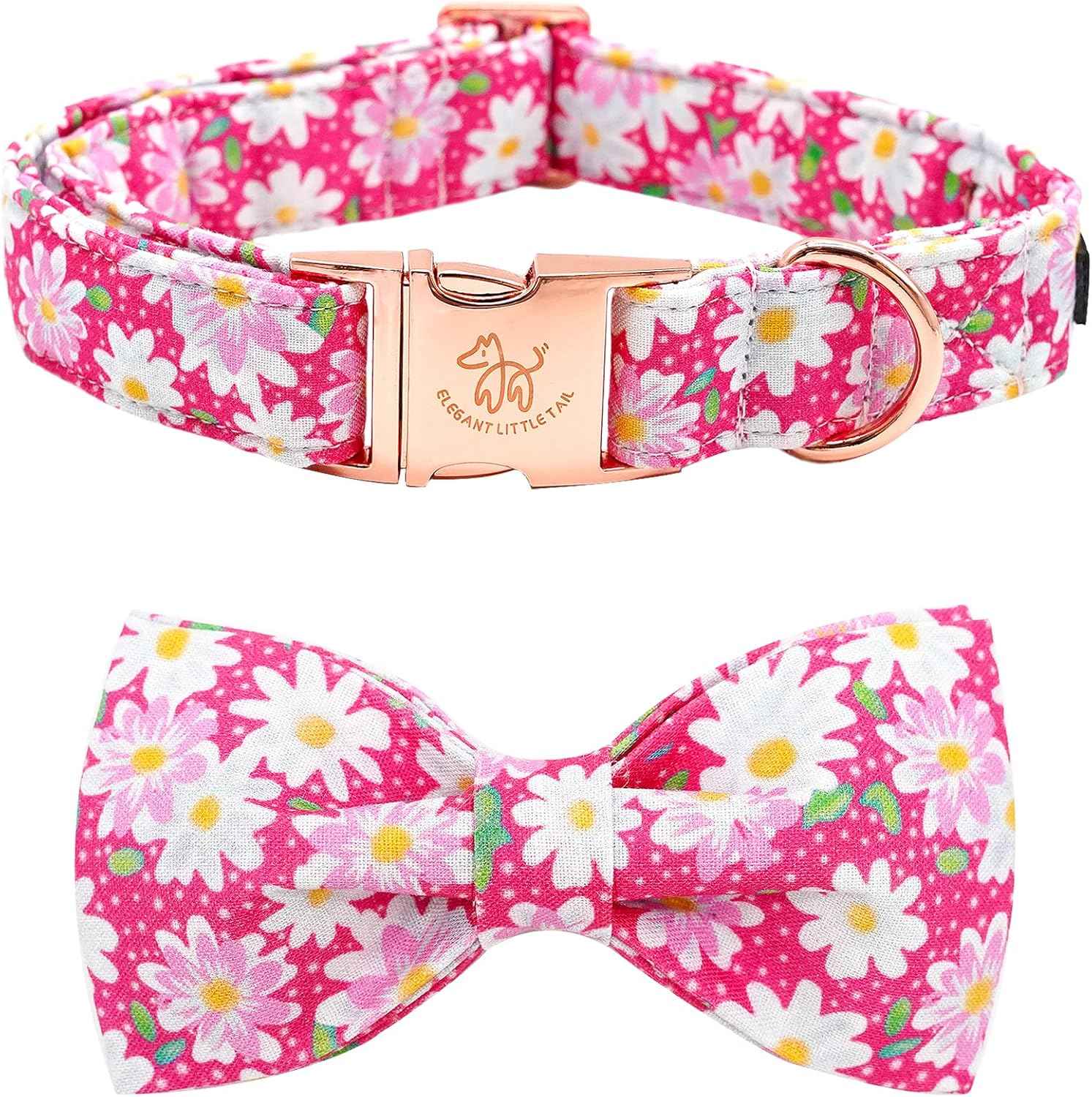 Elegant little tail Dog Collar, Floral Pattern Pet Collars with Bow Girl Cotton Bowtie Collars Spring Puppy Gift Adjustable Pet Collar for Small Dogs