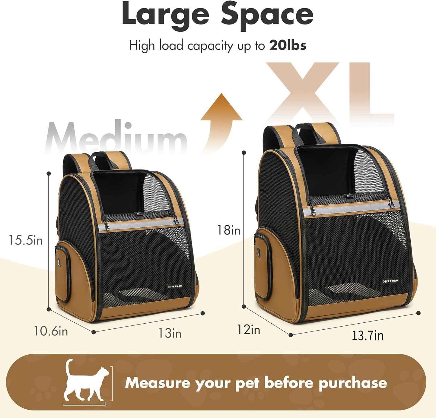 Pet Backpack Carrier, Large Cat Carrier Backpack Up to 20 Lbs with Breathable Mesh, for Medium Large Cats or Small Dogs, Travel Hiking Camping Backpack (Brown-XL)