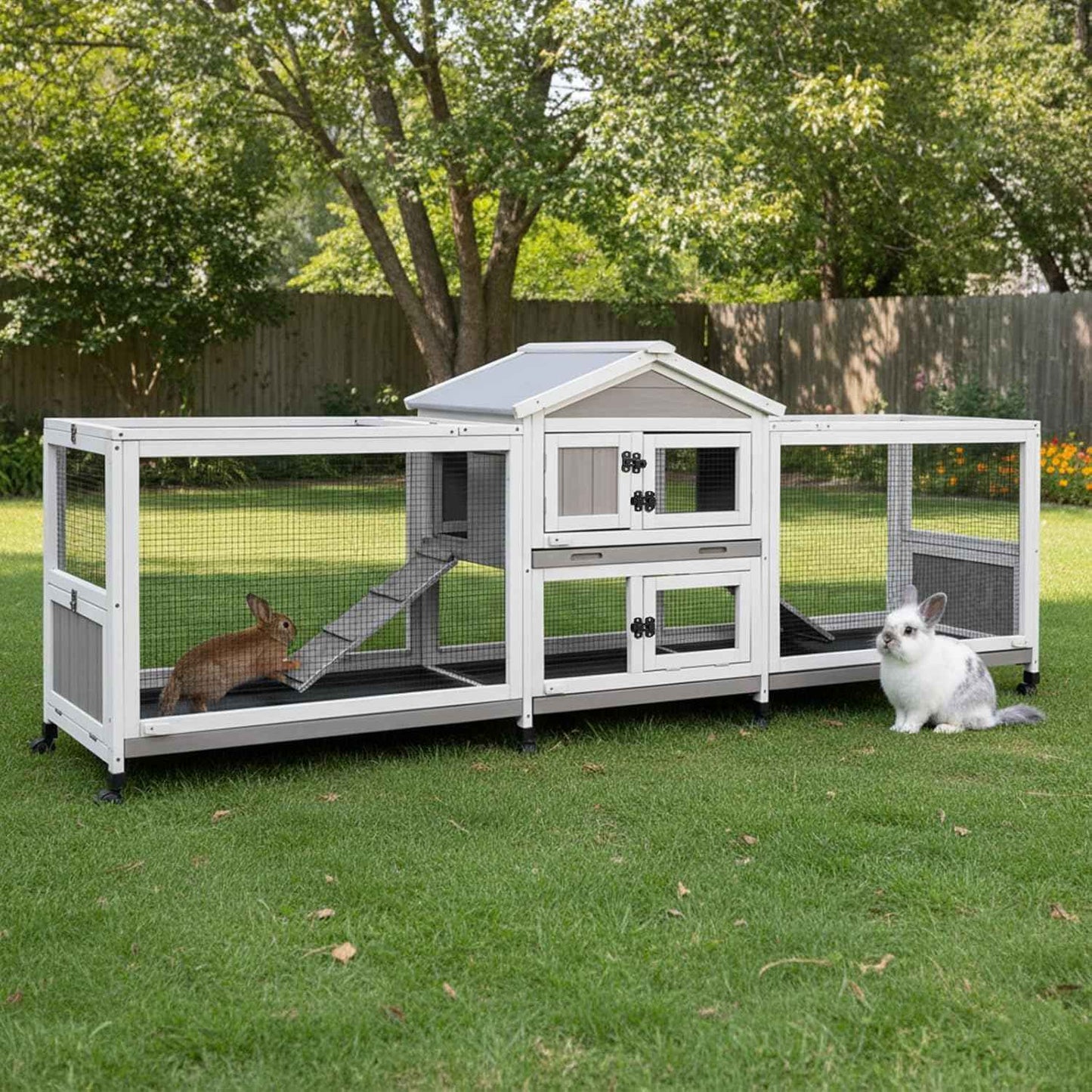 93” Large Rabbit Hutch Outdoor with Run, Wooden Expandable 2 Story Bunny House Rabbit Cage Indoor with 8 Wheels, Waterproof Roof, 4 Pull Out Trays, Guinea Pig Cage for Small to Medium Pets